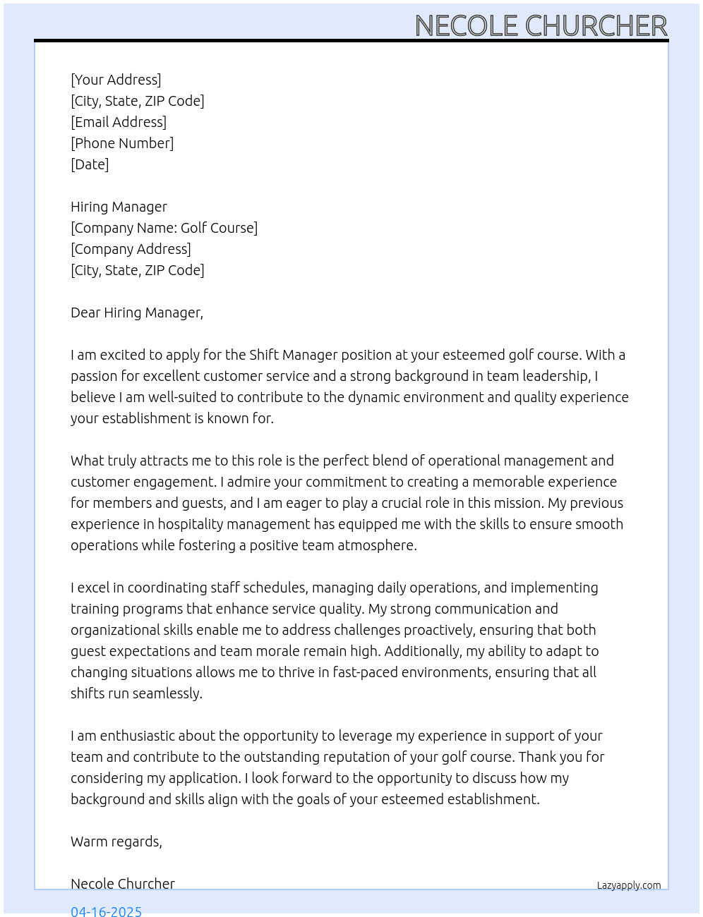 shift manager At Golf course Cover Letter