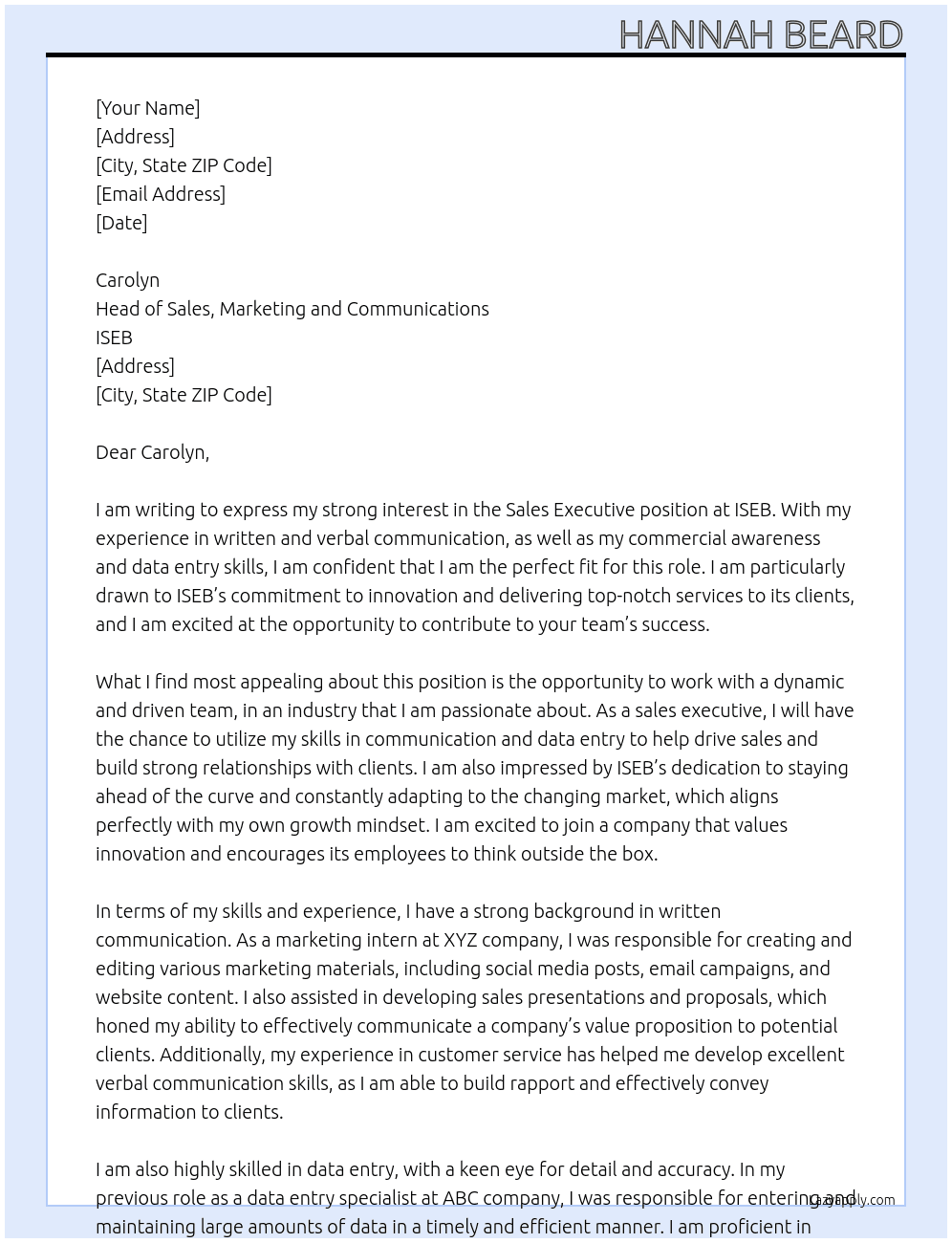 Sales Executive At ISEB Cover Letter