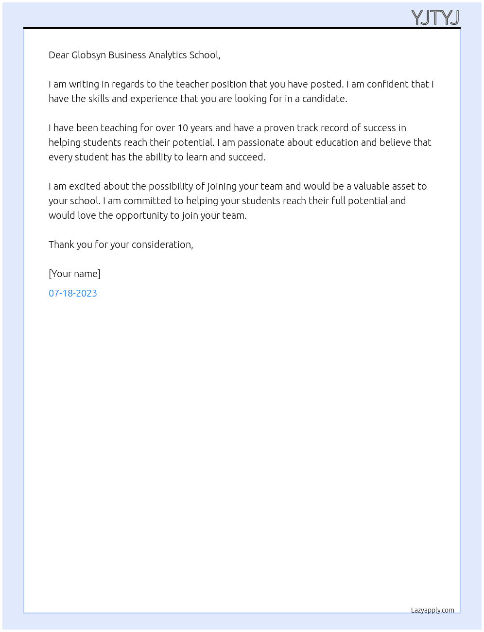 Teacher At Globsyn Business Analytics School Cover Letter
