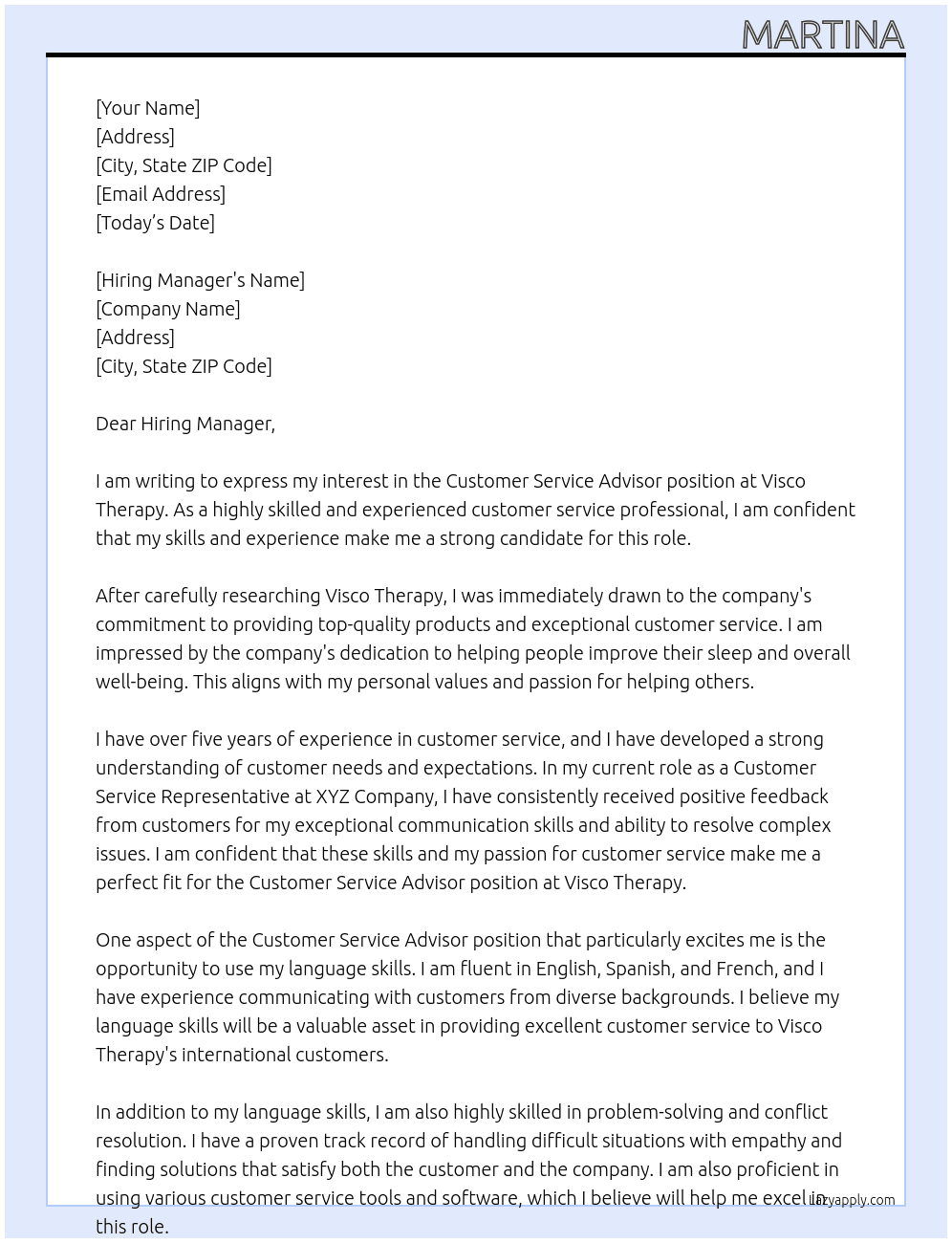 Customer service advisor At Visco Therapy Cover Letter