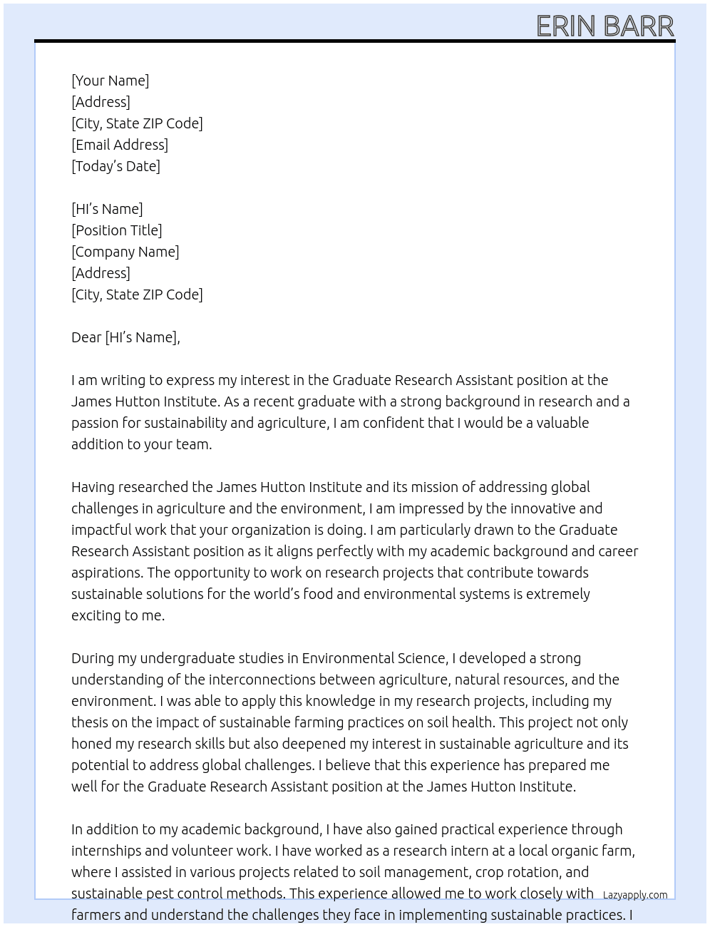 Graduate Research assistant At James Hutton Institute Cover Letter