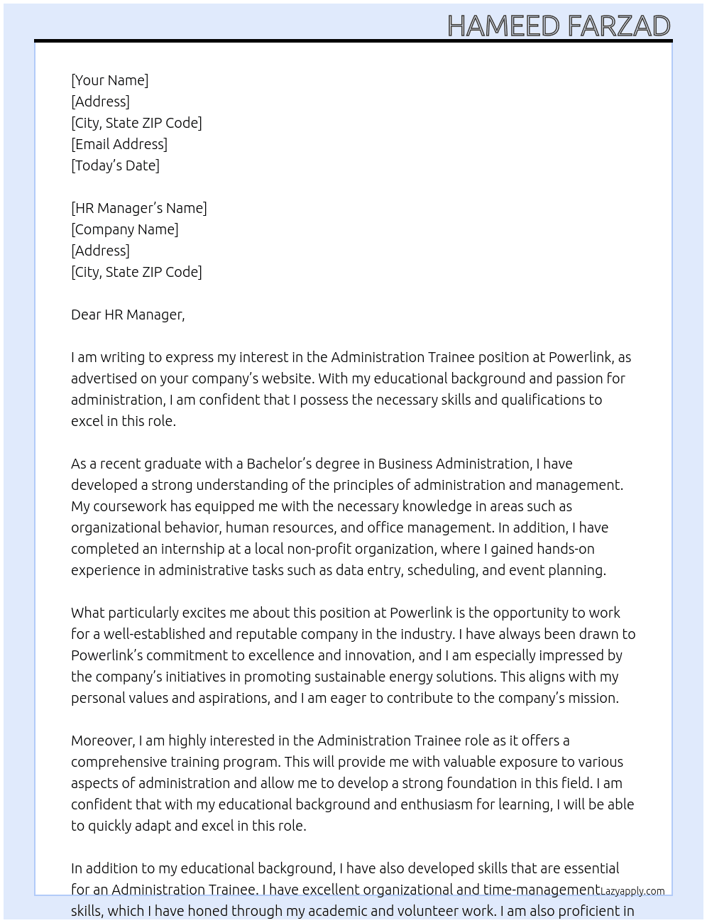 Administration Trainee At Powerlink Cover Letter