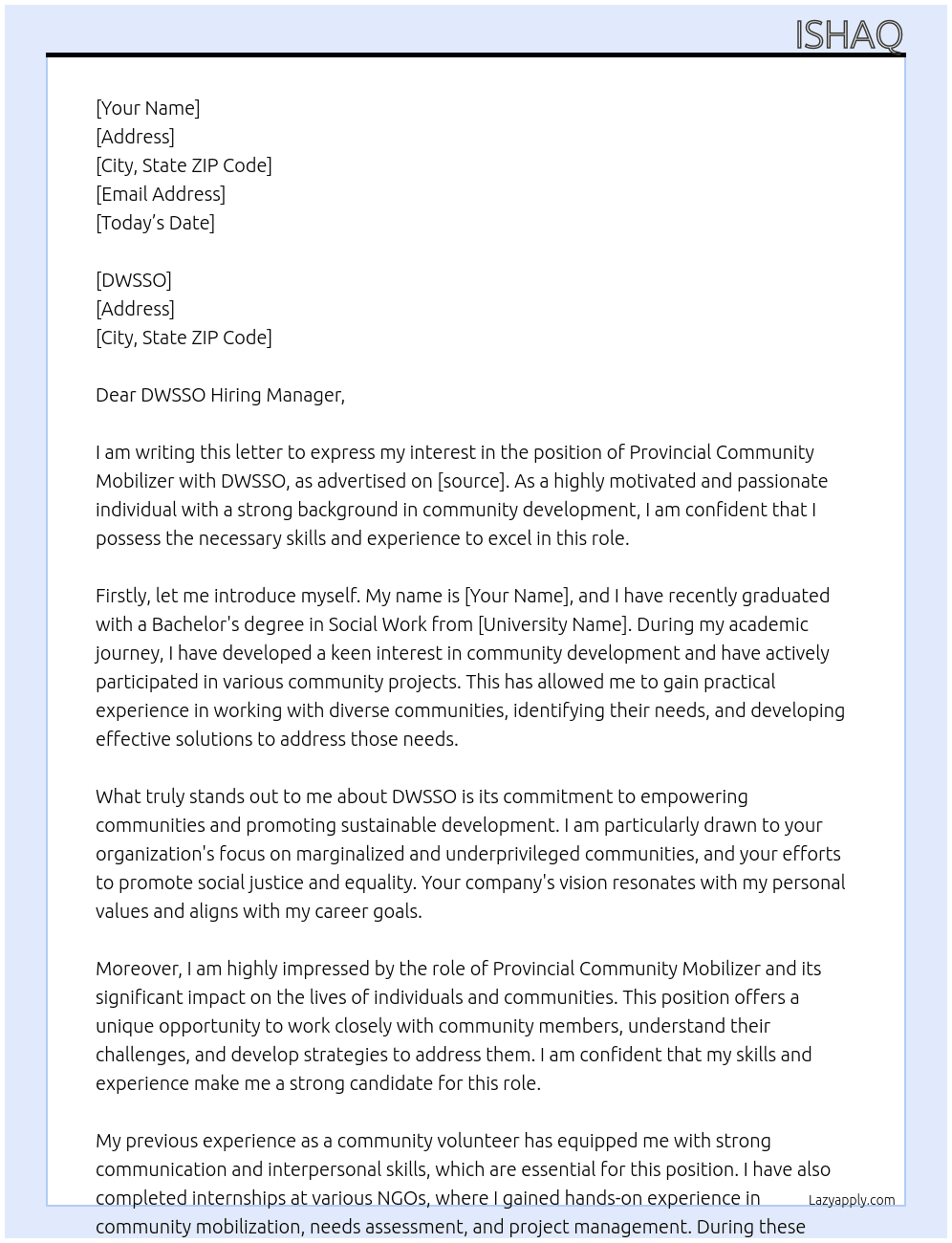 Cover letter for provincial community mobilizer - LazyApply