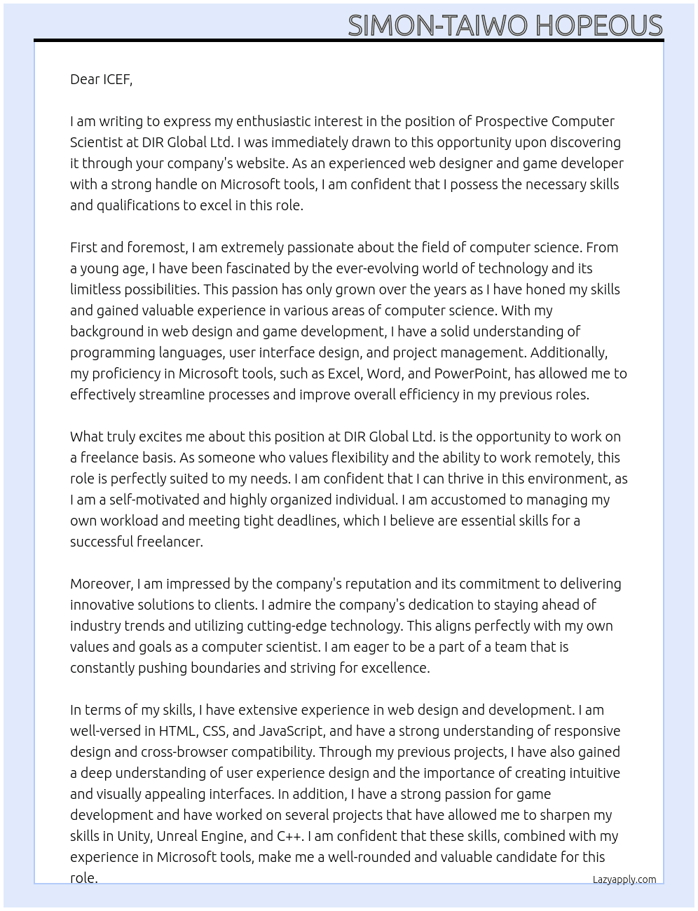 Prospective Computer scientist At DIR Global Ltd. Cover Letter