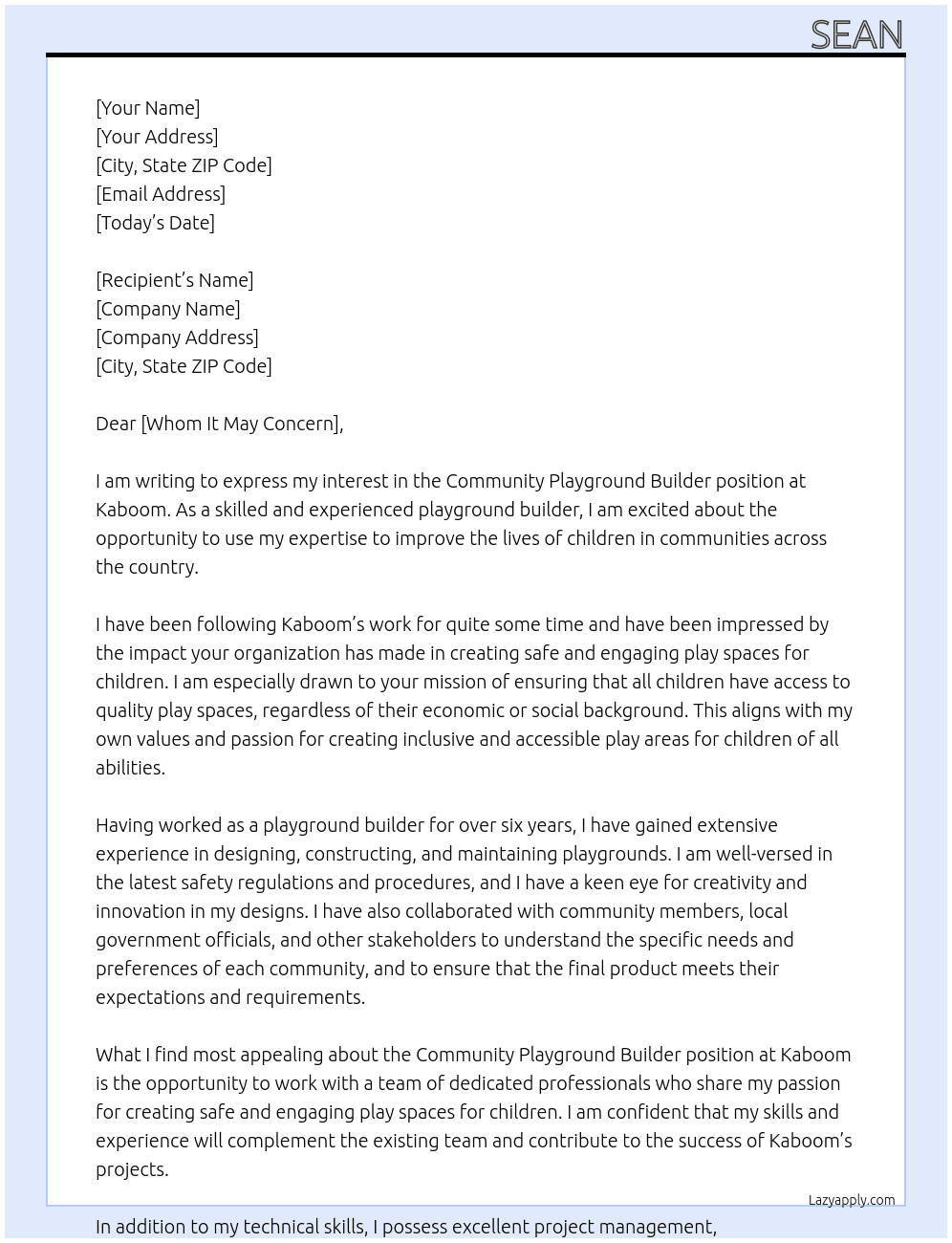 Community playground builder At Kaboom Cover Letter