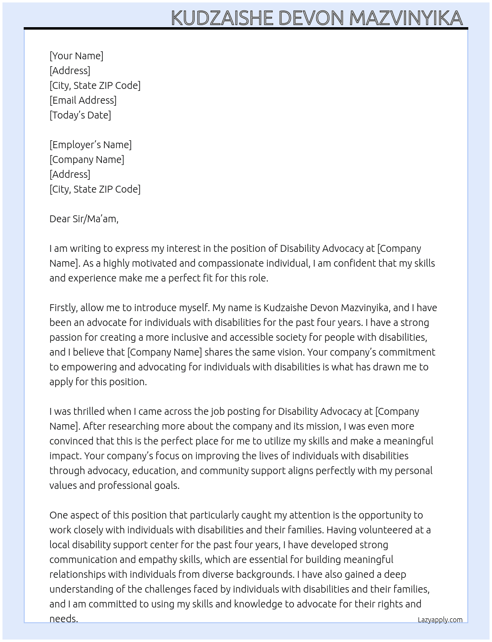 Disability advocacy  At Disability advocacy  Cover Letter