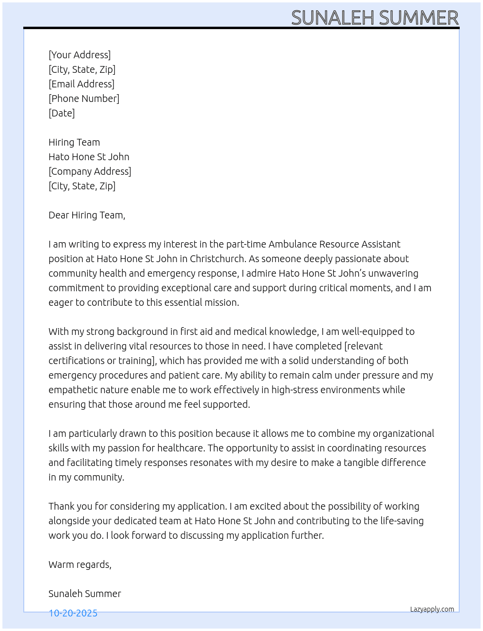 Ambulance Resource Assistant At Hato Hone St John  Cover Letter
