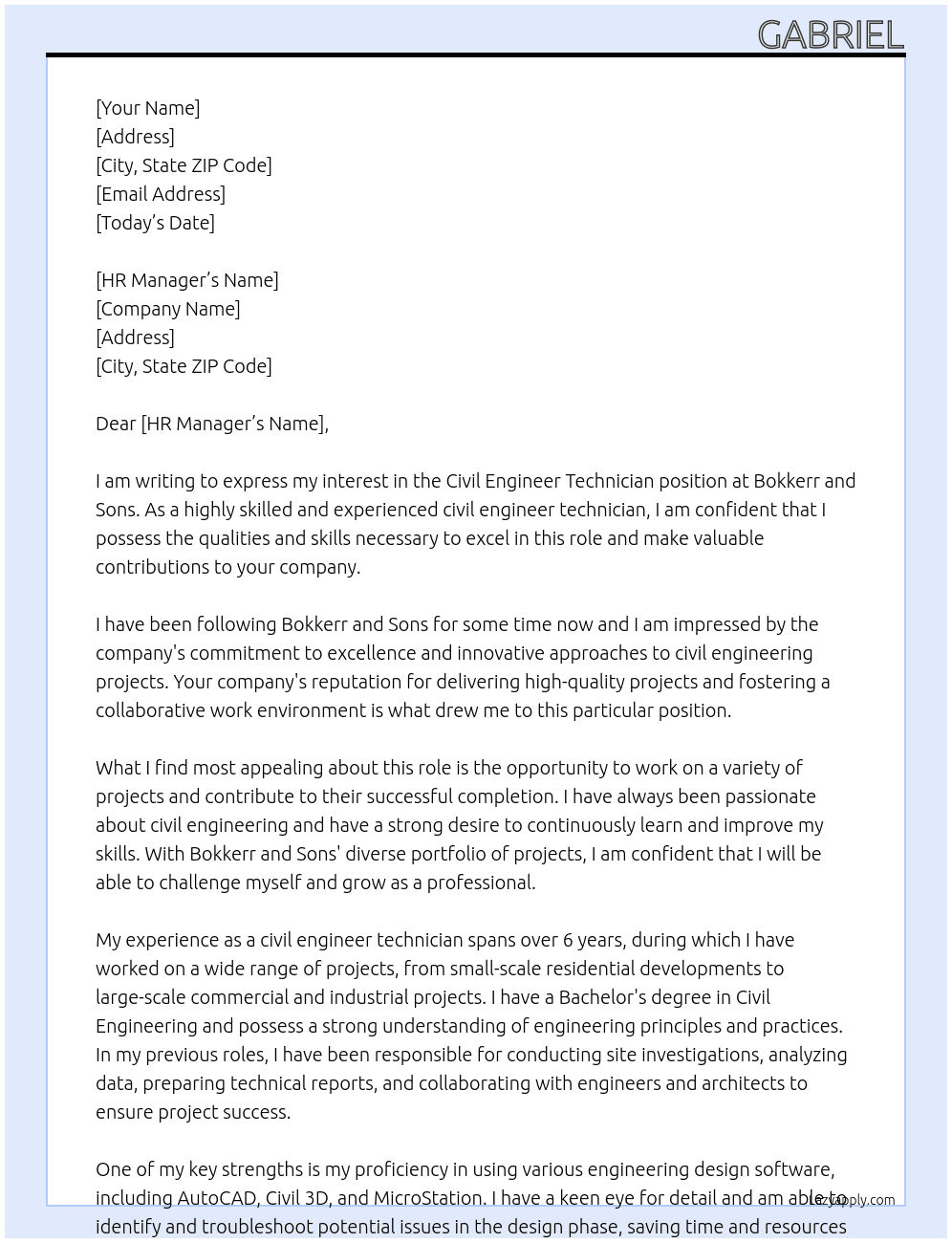 civil engineer technician At Bokkerr and Sons Cover Letter