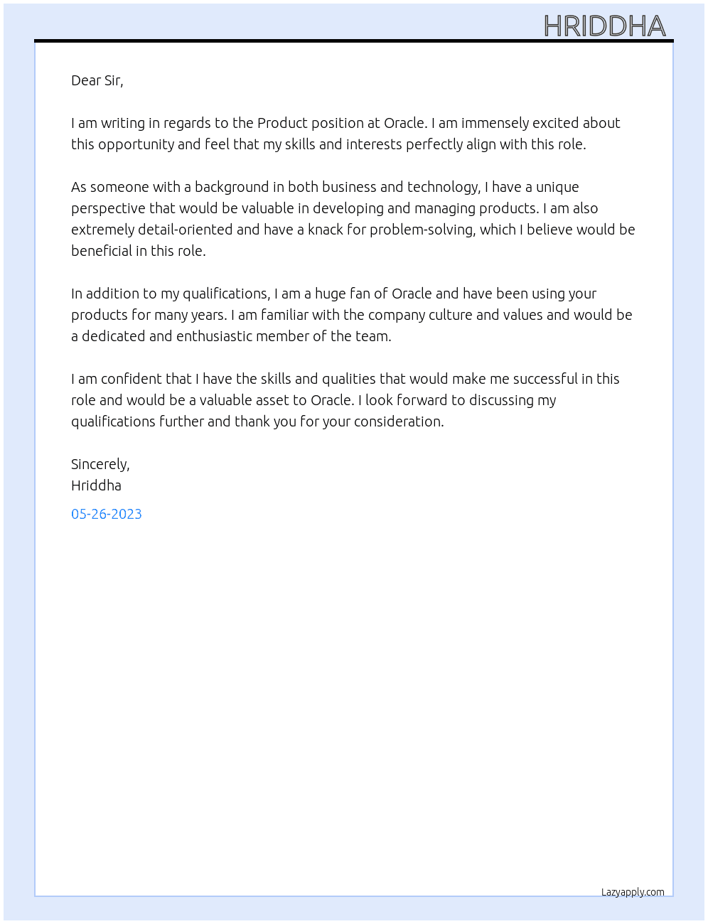 Product At Oracle Cover Letter