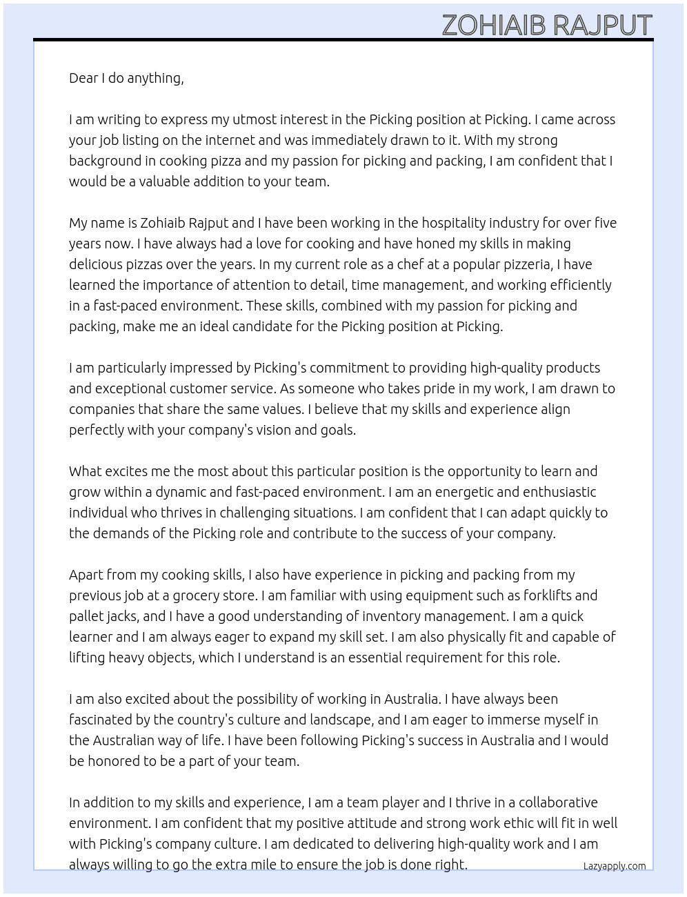 Picking  At Picking  Cover Letter