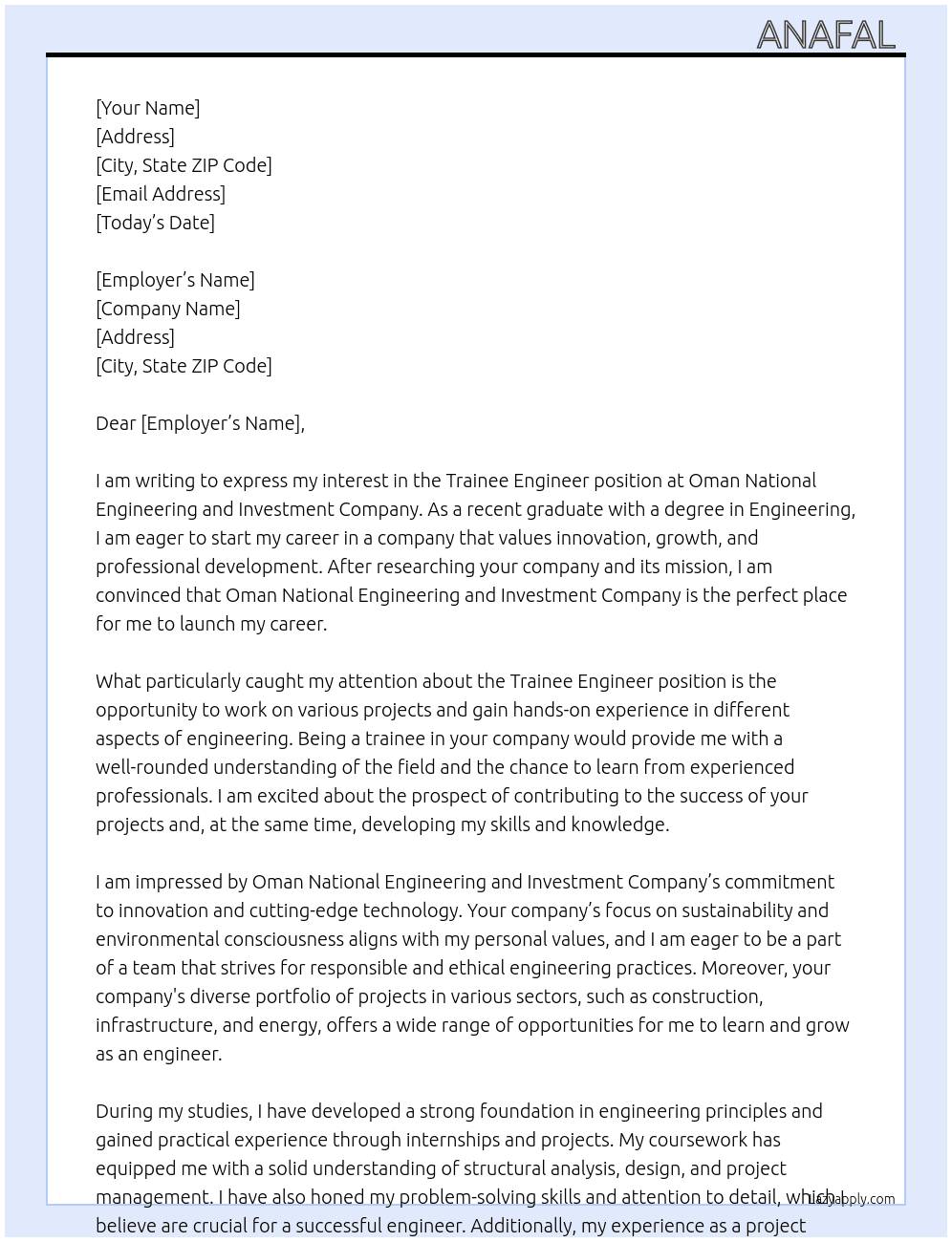 Trainee Engineer  At Oman National Engineering and Investment Company Cover Letter