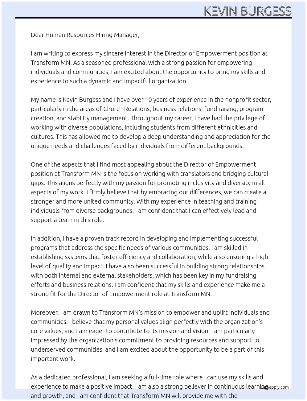 Director of Empowerment  At Transform MN Cover Letter
