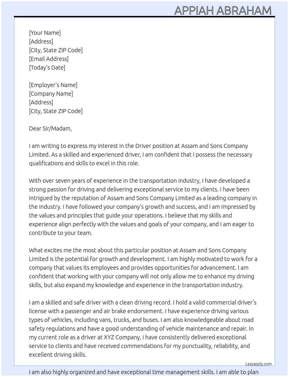 Driver  At Assam and Sons Company Limited Cover Letter