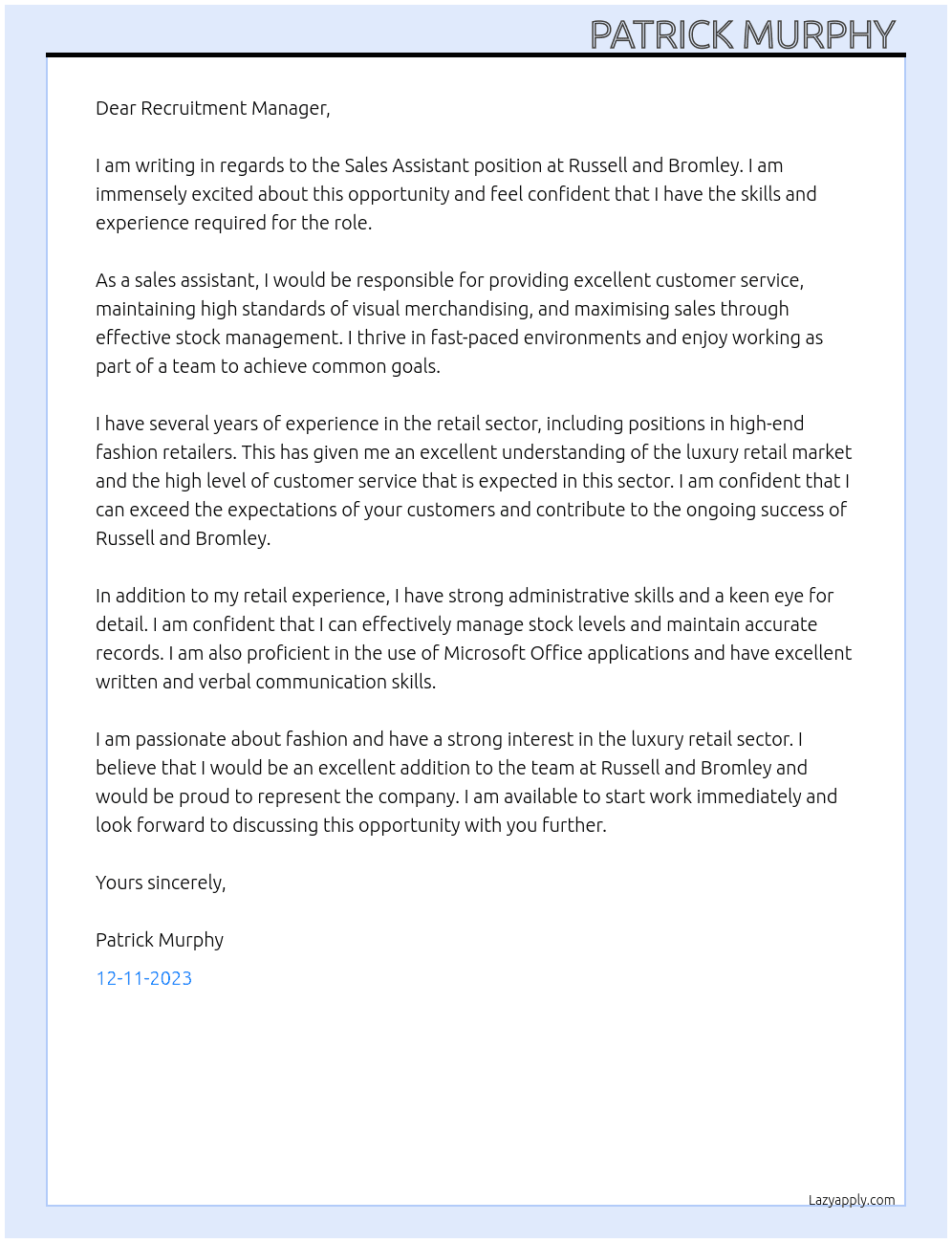 Sales Assistant  At Russell and Bromley Cover Letter