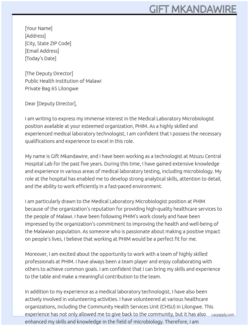 medical laboratory Microbiologist At PHIM Cover Letter