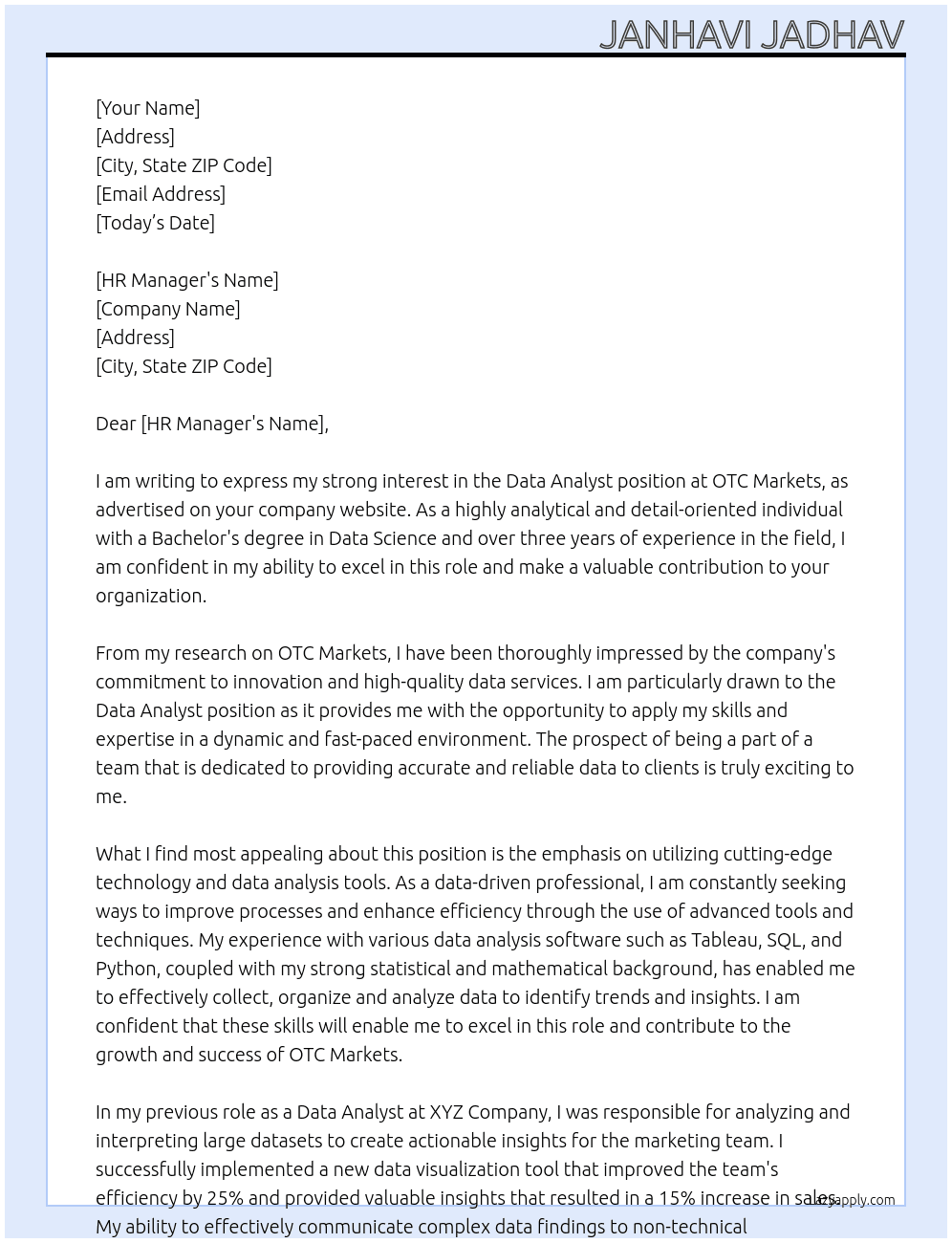 Data Analyst At OTC markets Cover Letter
