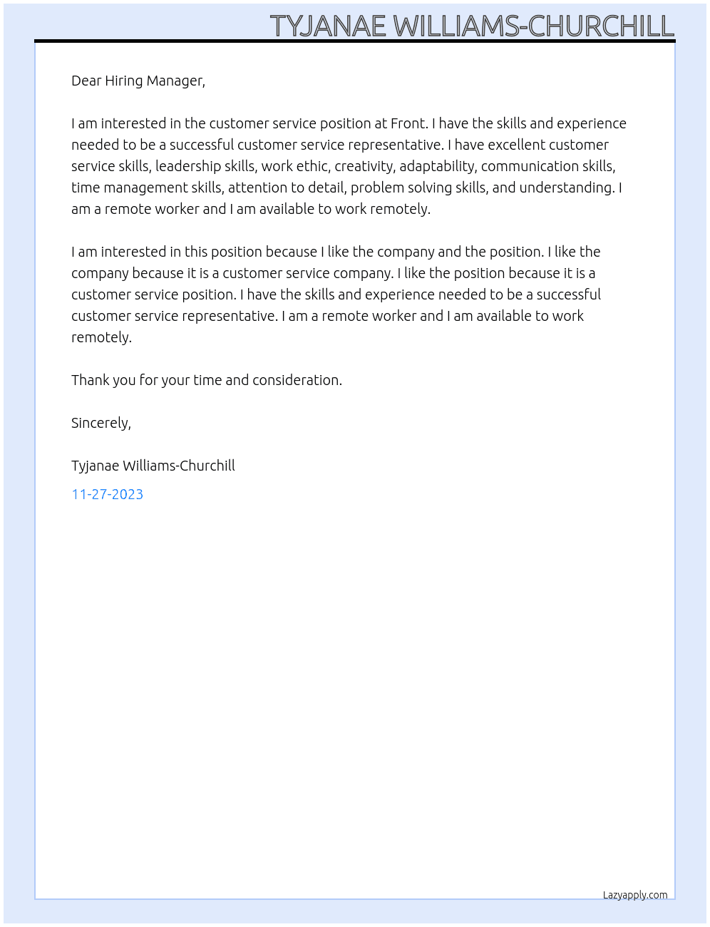 Customer service At Front Cover Letter