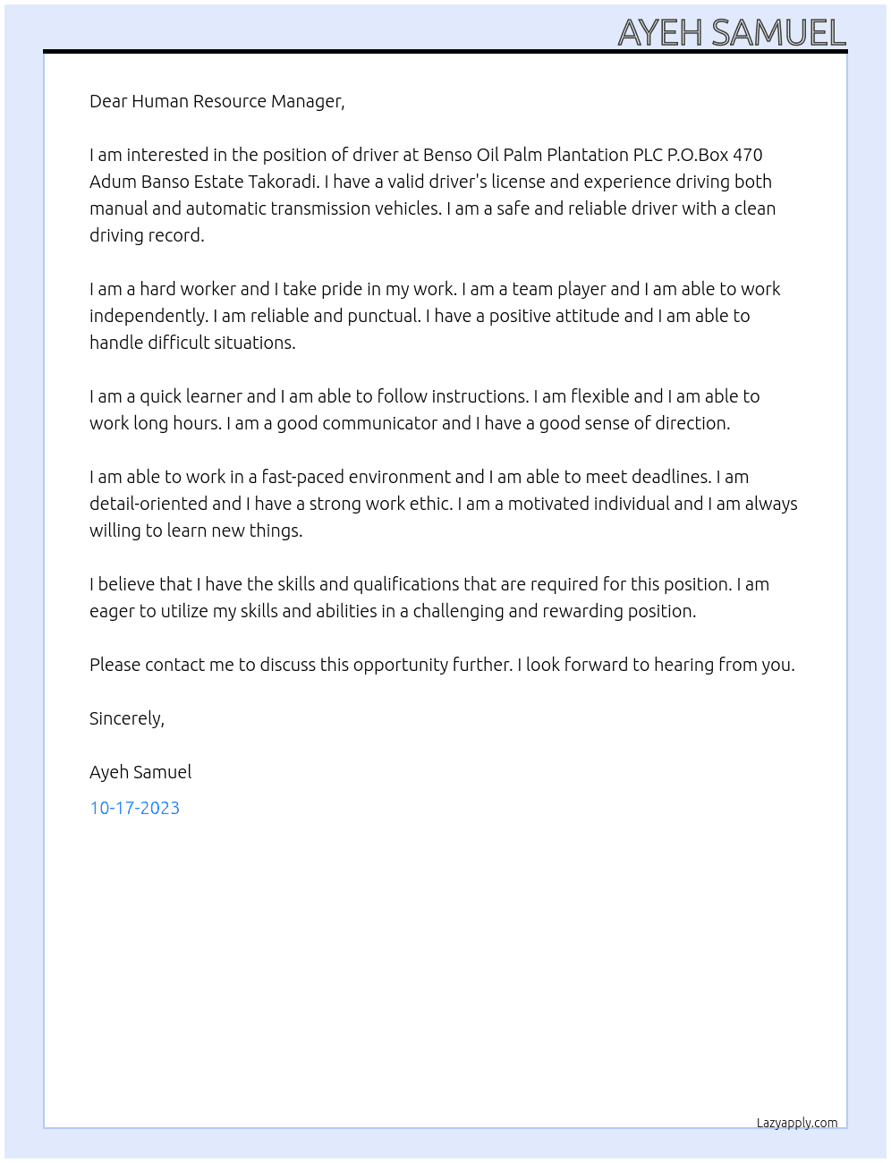 driving At Benso Oil Palm Plantation PLC P.O.Box 470 Adum Banso Estate Takoradi Cover Letter