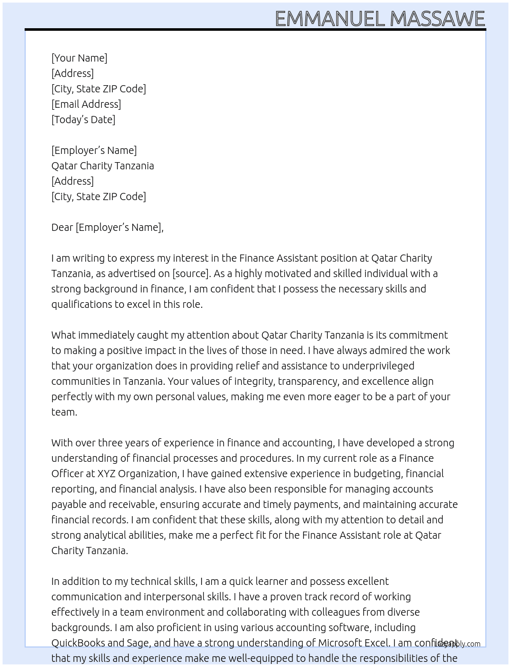 Finance Assistant At Qatar Charity Tanzania Cover Letter