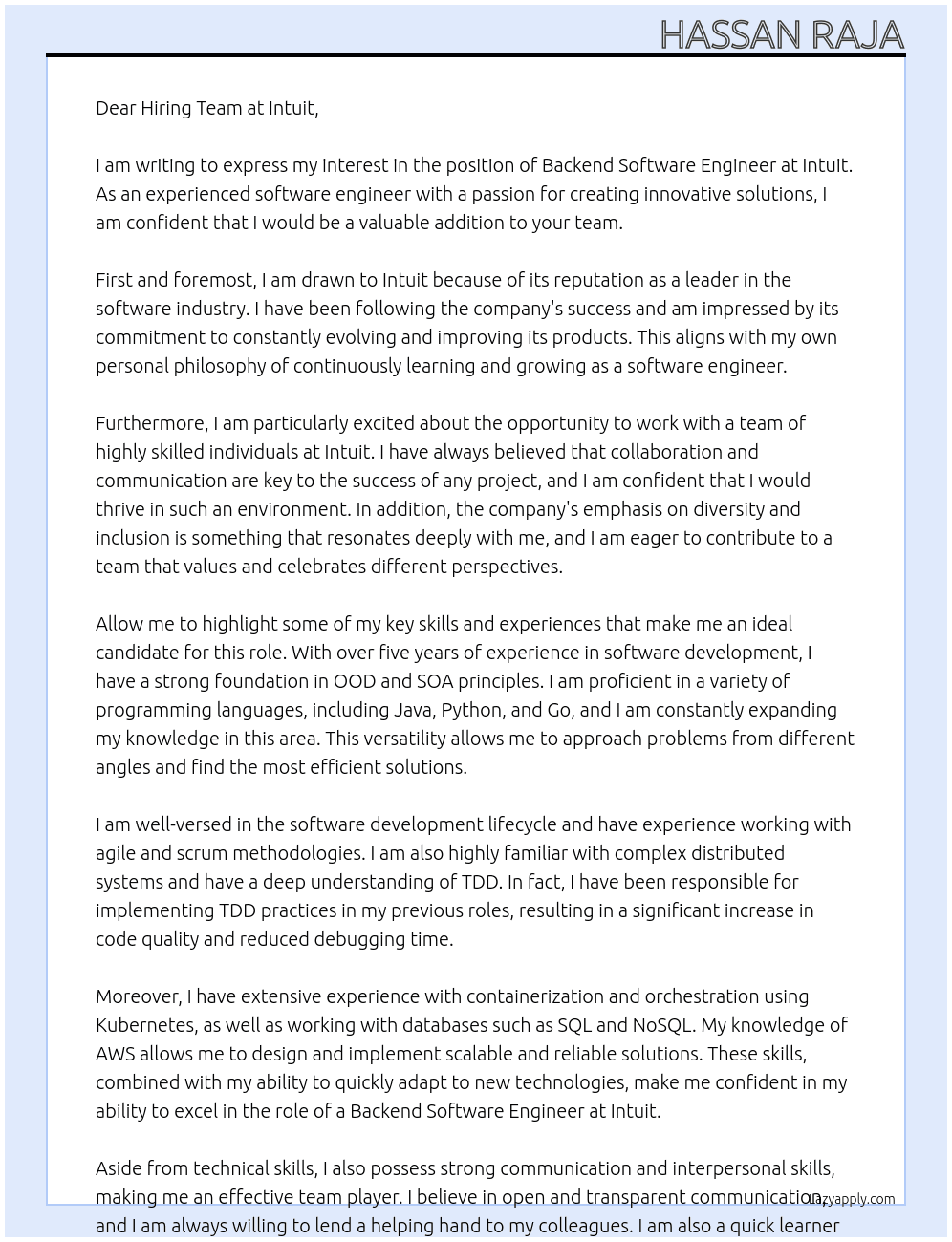 Backend Software Engineer At Intuit Cover Letter