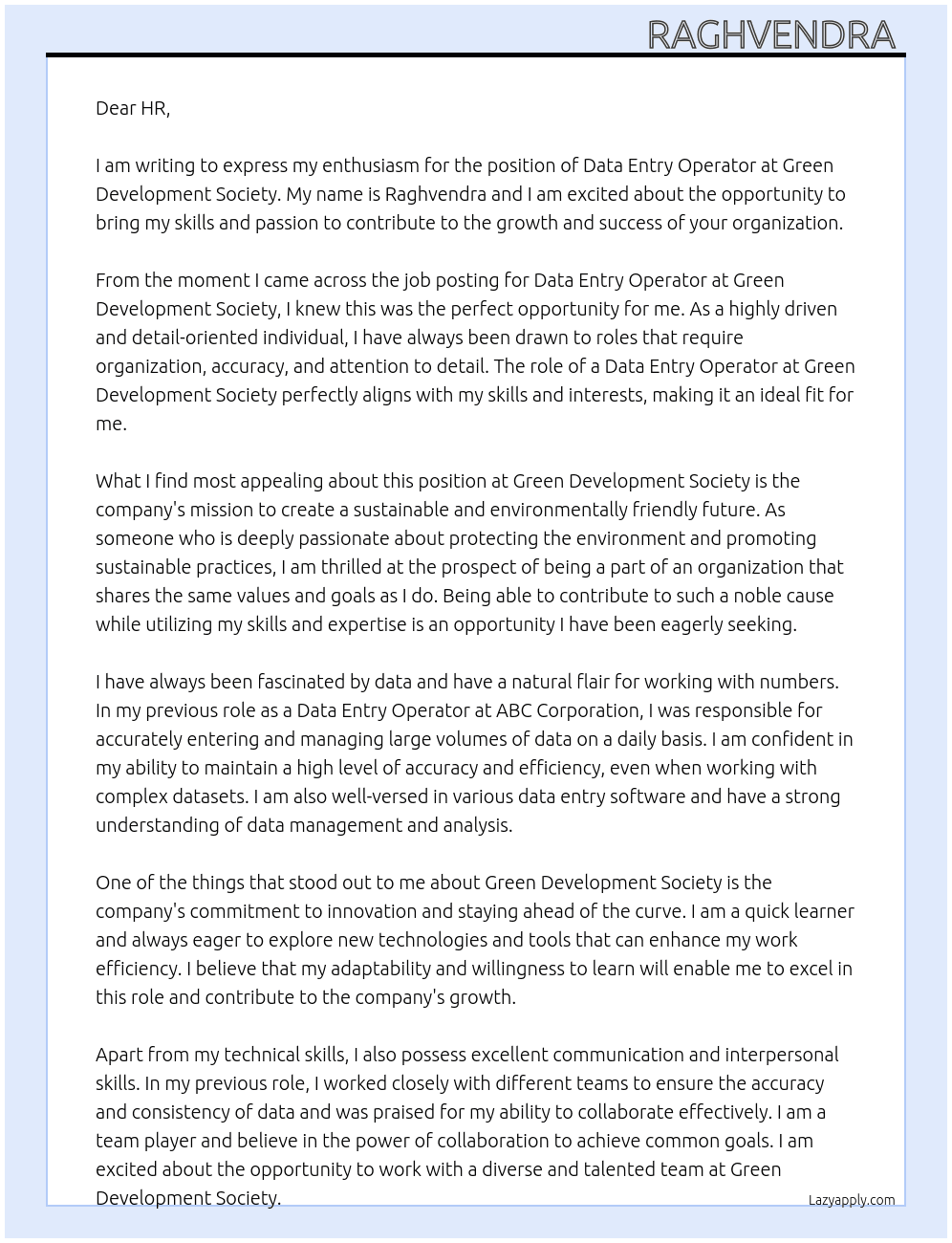 Data inty oprater At Green development sosaity Cover Letter