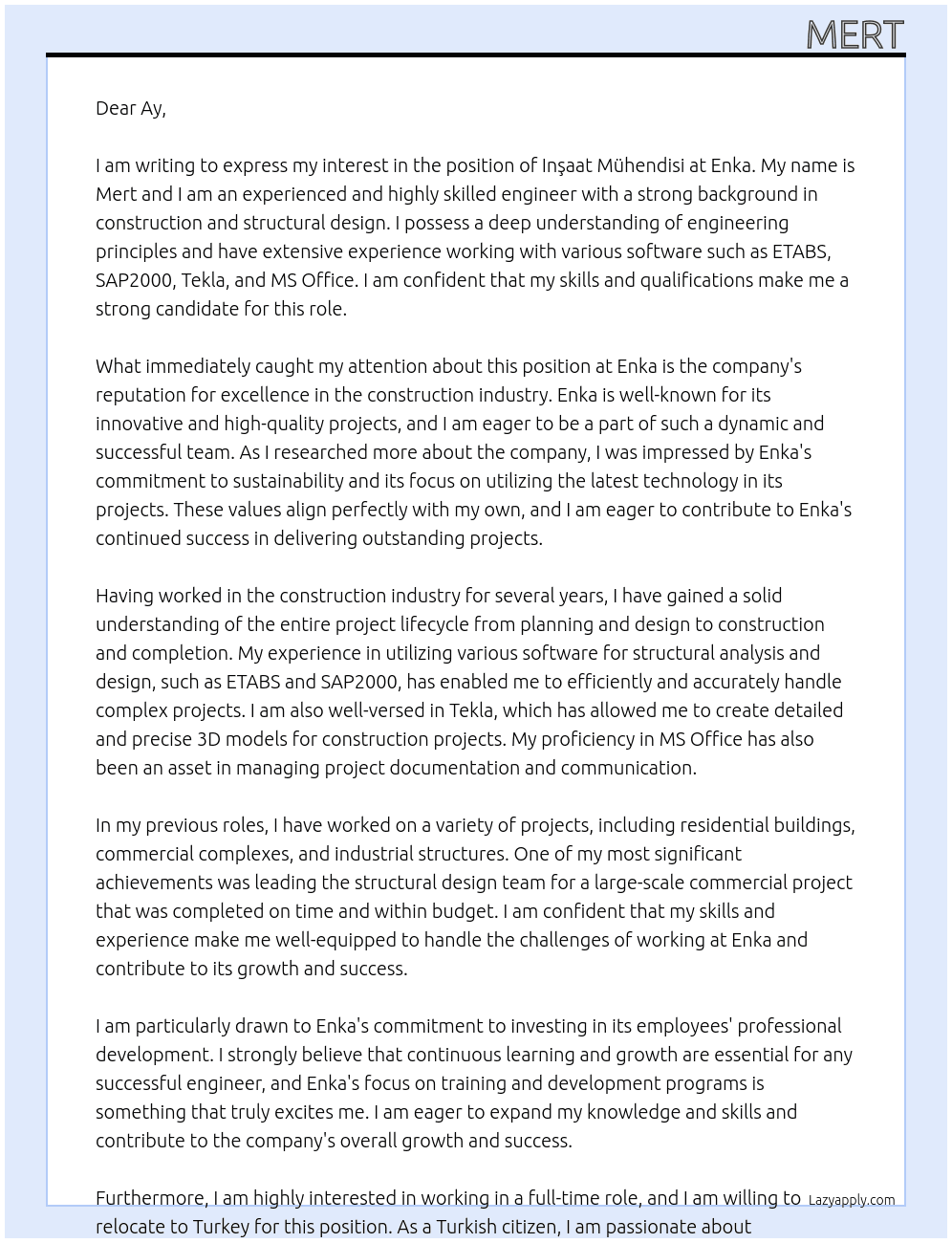 inşaat mühendisi At enka Cover Letter