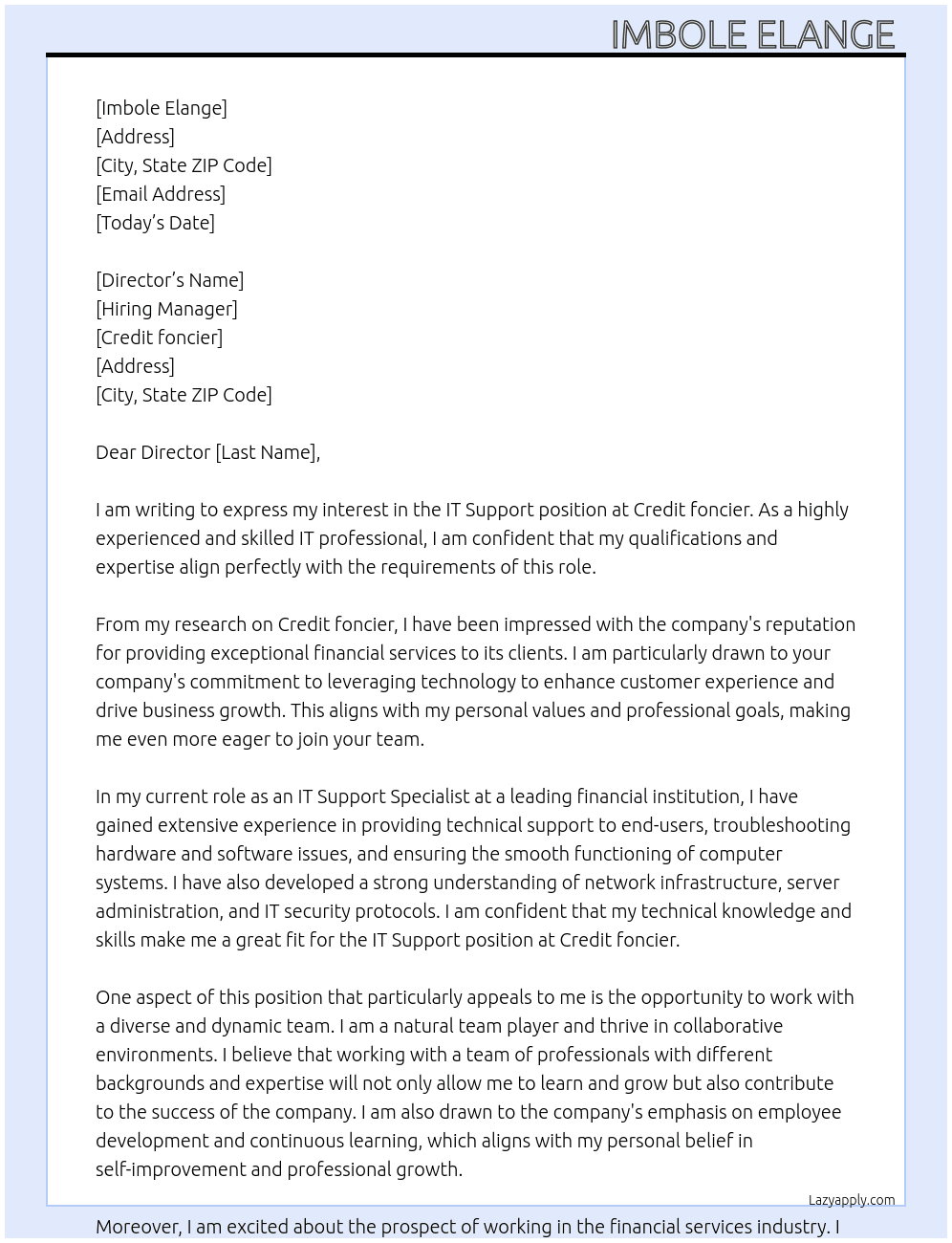 IT support  At Credit foncier  Cover Letter