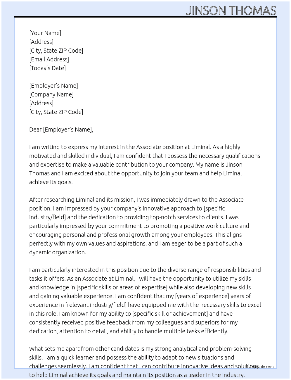 Associate At Liminal Cover Letter
