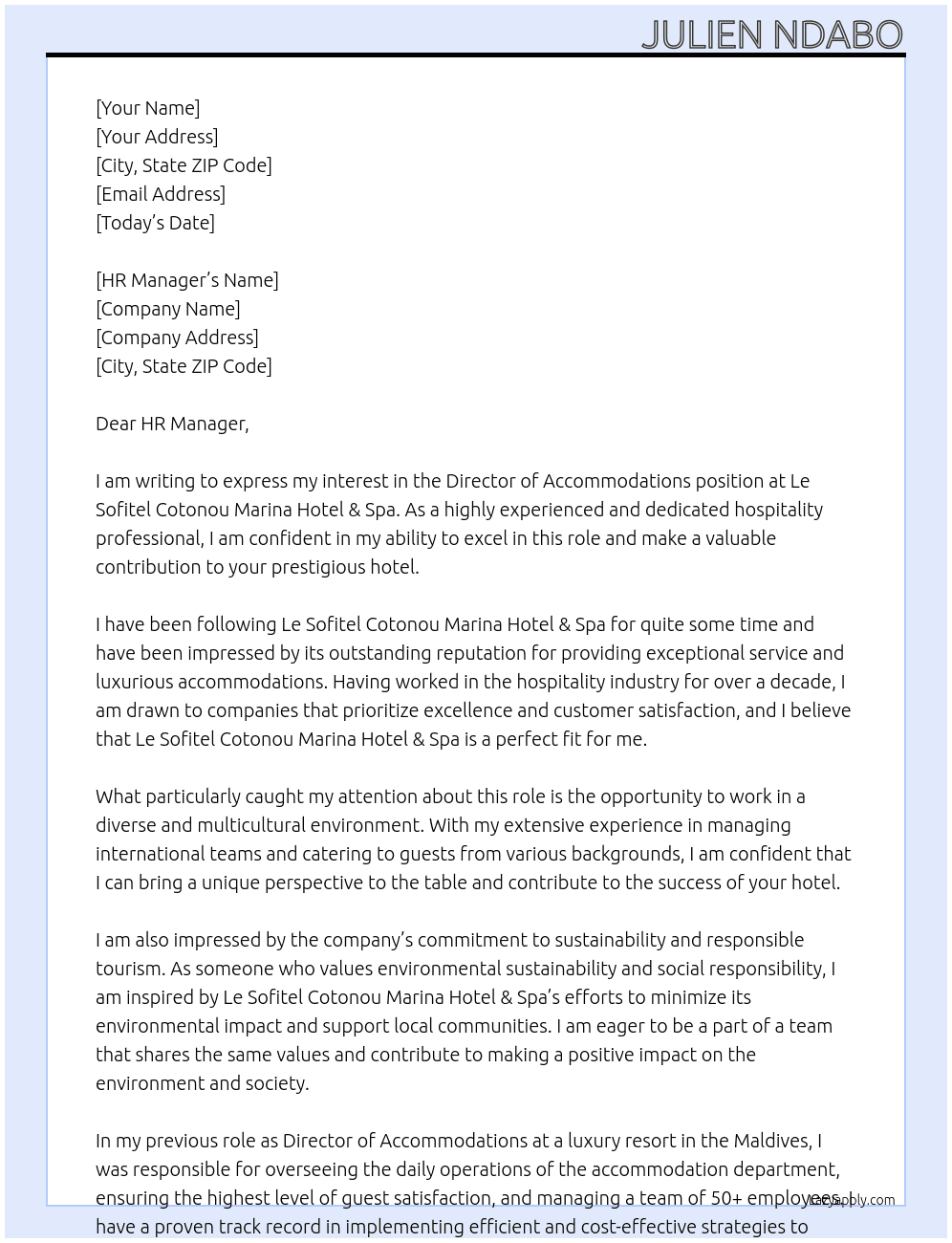Director of Accommodations At Le Sofitel Cotonou Marina Hotel & Spa Cover Letter