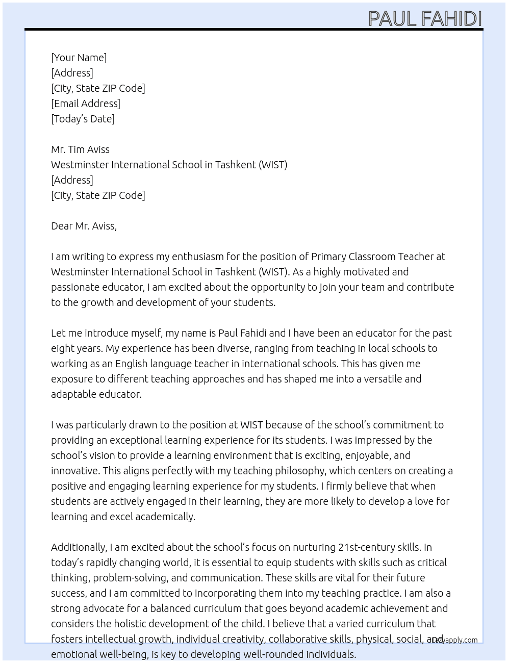 Primary Classroom Teacher At Westminster International School in Tashkent (WIST) Cover Letter