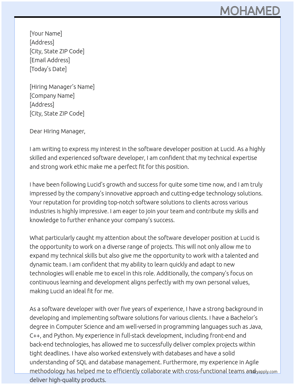 software developer  At Lucid Cover Letter