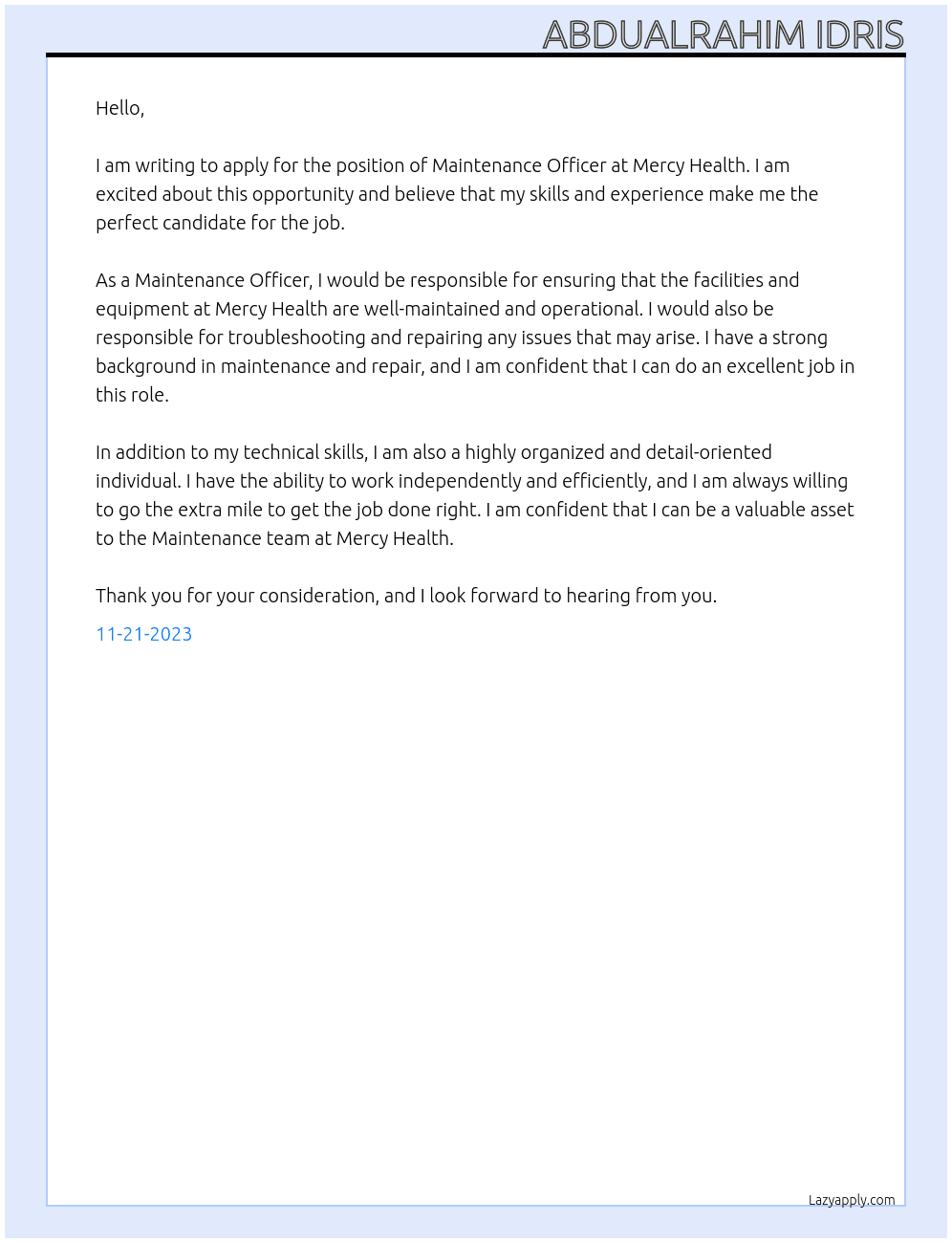 maintence offecer  At mercy health Cover Letter