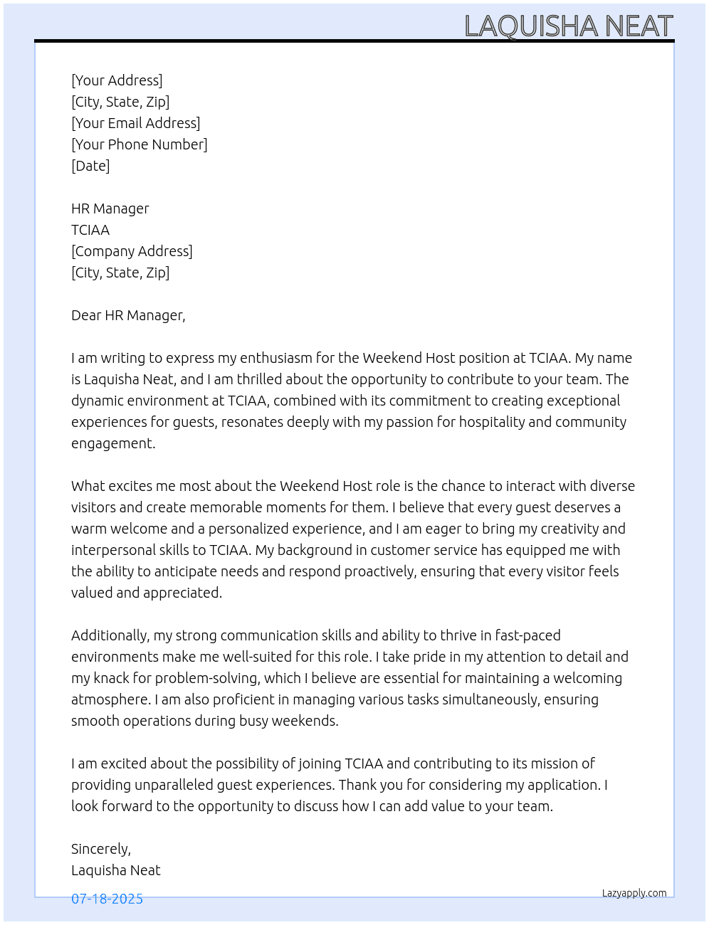 Weekend host  At TCIAA Cover Letter