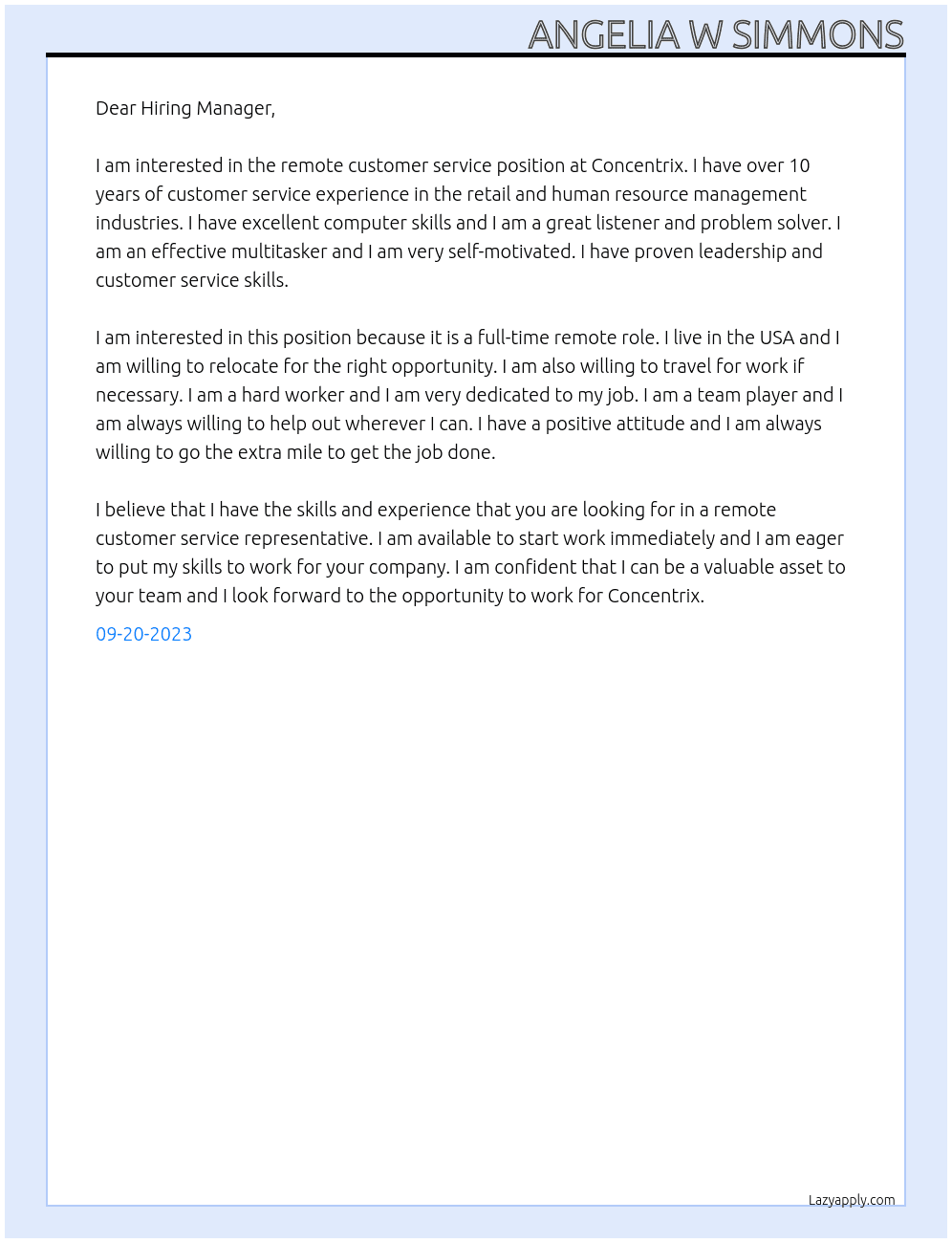 remote customer service At Concentrix Cover Letter