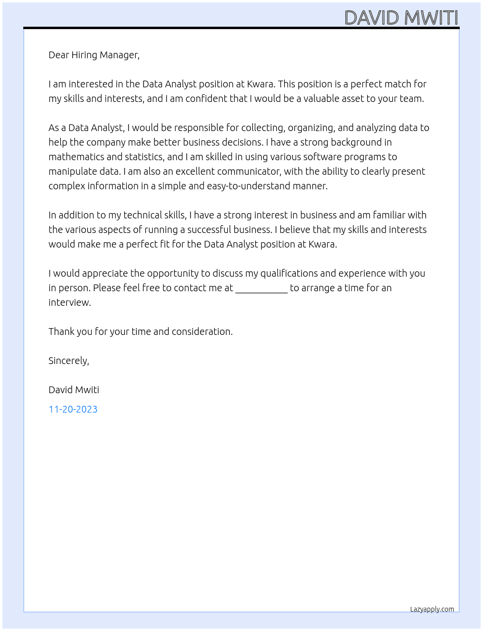 Data Analyst At Kwara Cover Letter