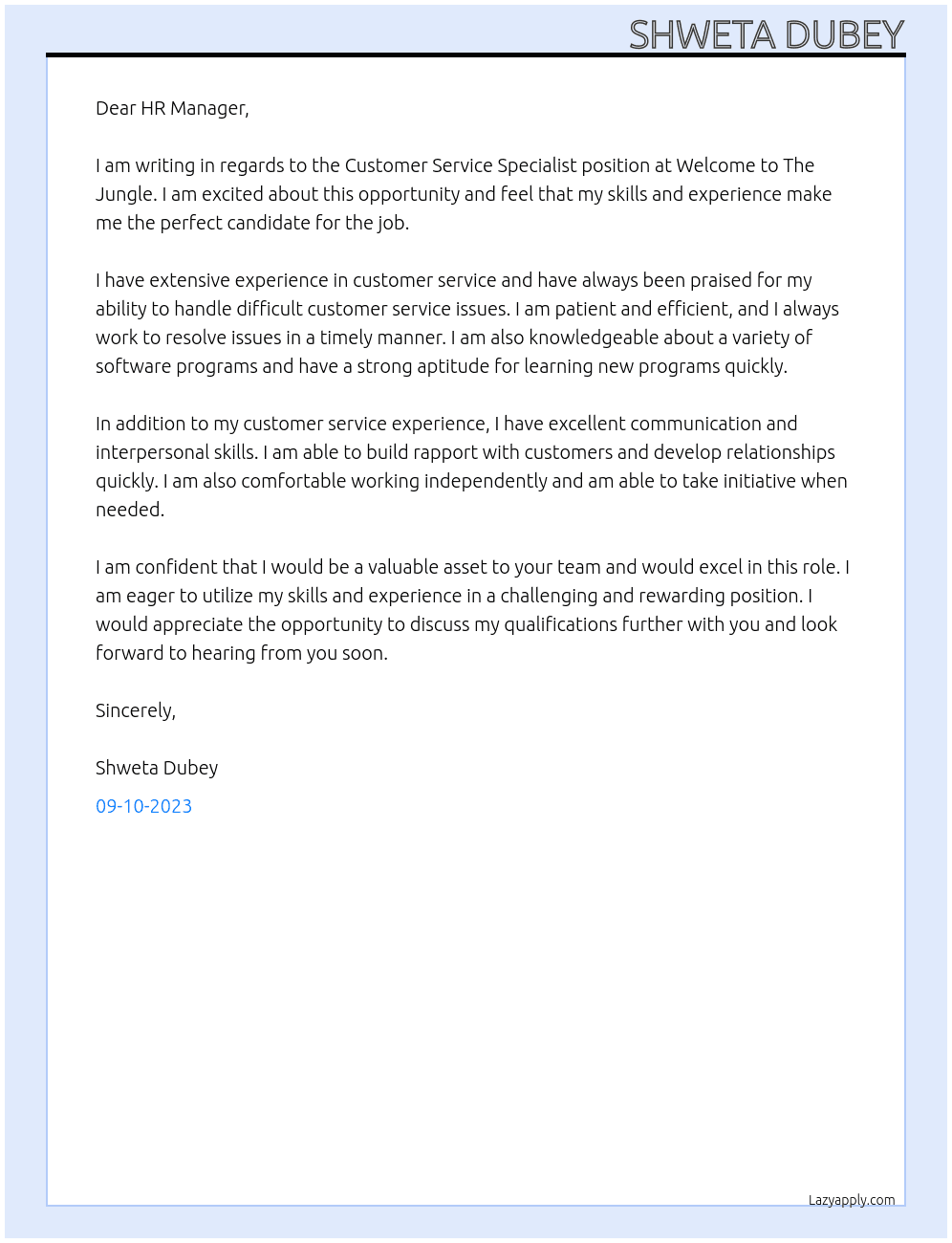Customer Service Specialist At Welcome to The Jungle Cover Letter