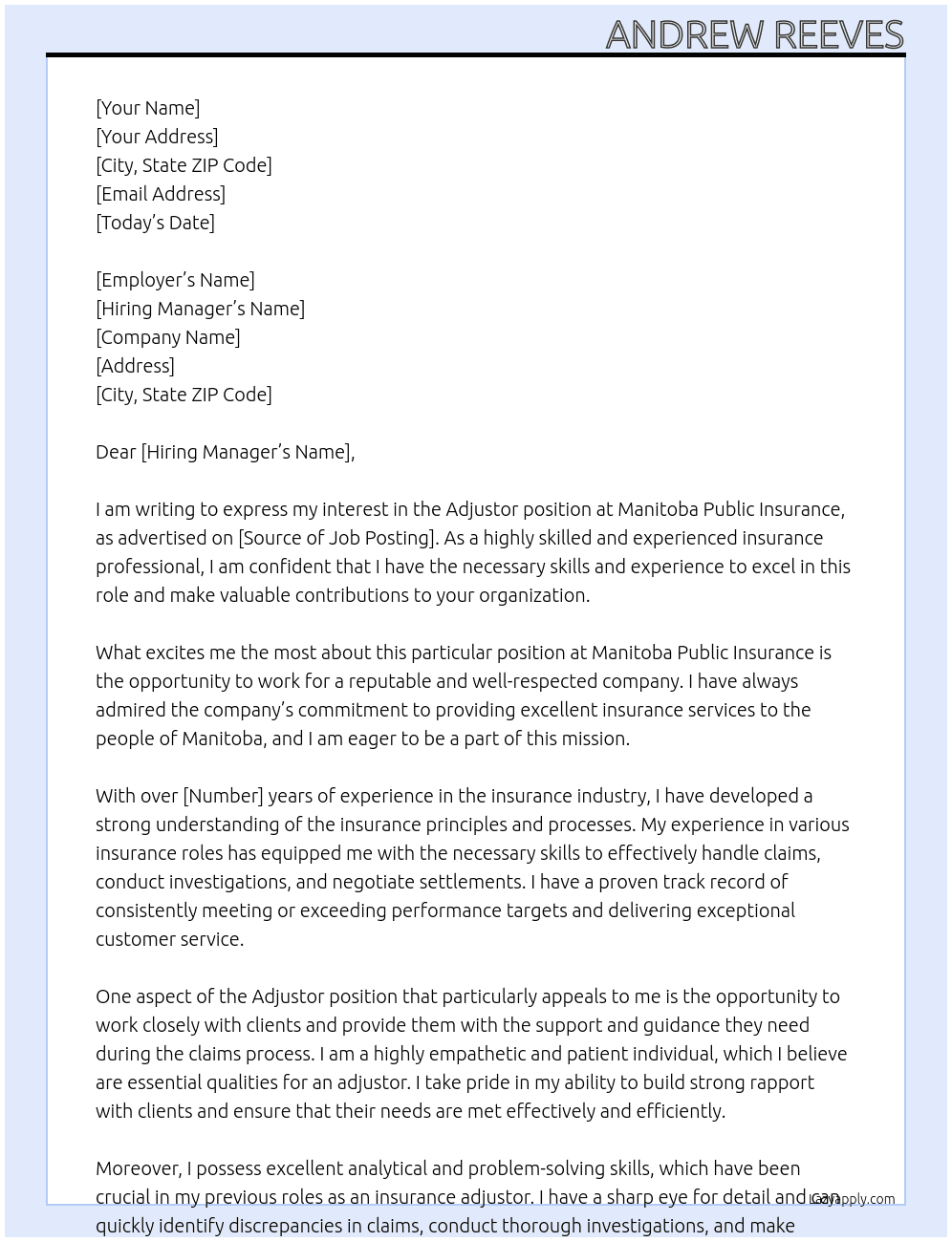Cover letter for adjustor - LazyApply