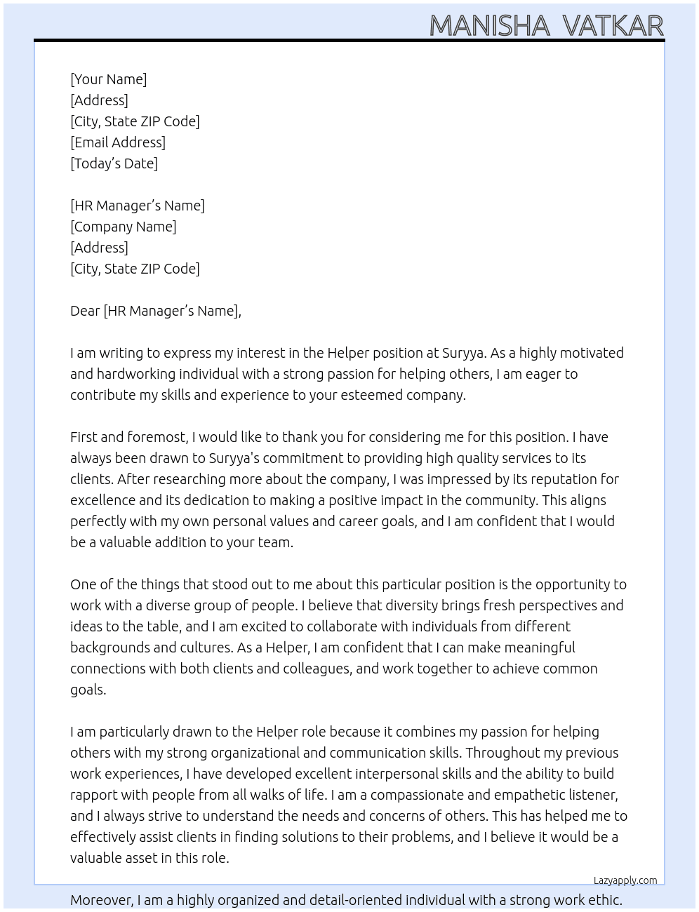 Helper At Suryya Cover Letter