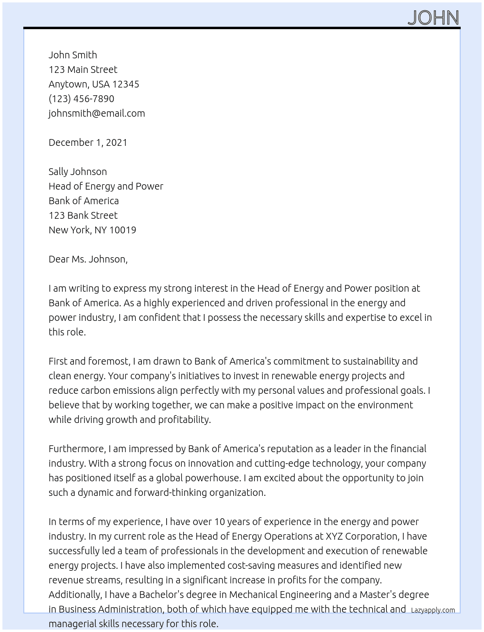 Cover letter for head of energy and power - LazyApply