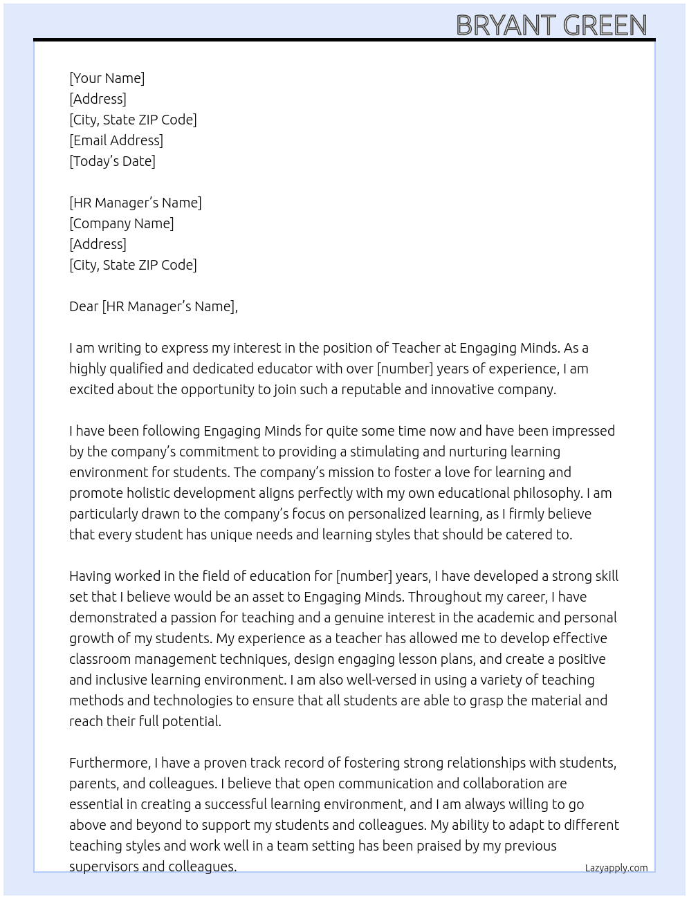 teacher At Engaging Minds Cover Letter