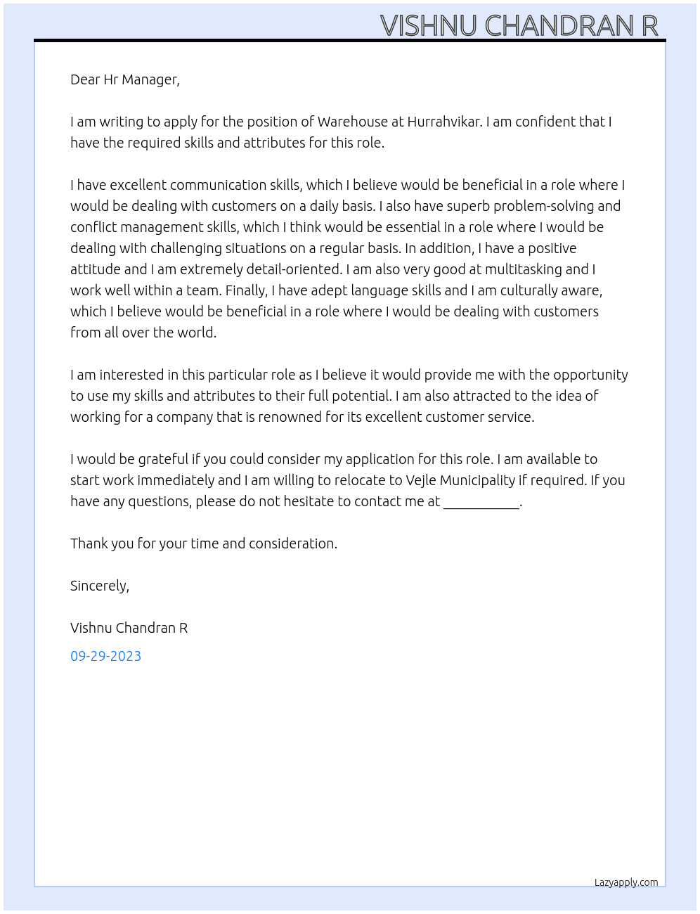 Warehouse  At Hurrahvikar Cover Letter