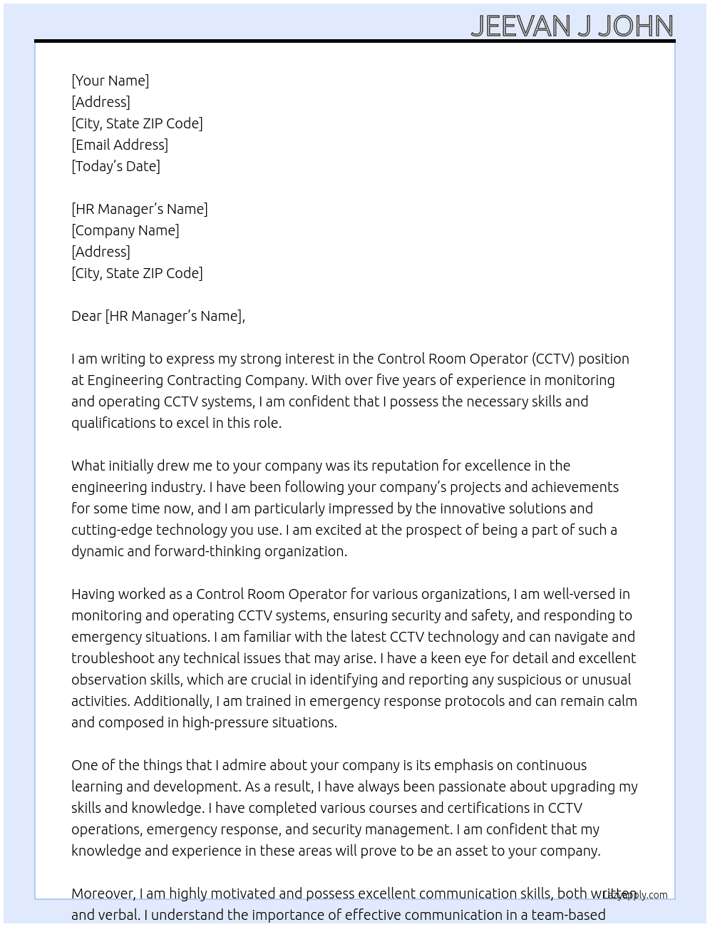 control room operator (cctv) At Engineering Contracting Company Cover Letter
