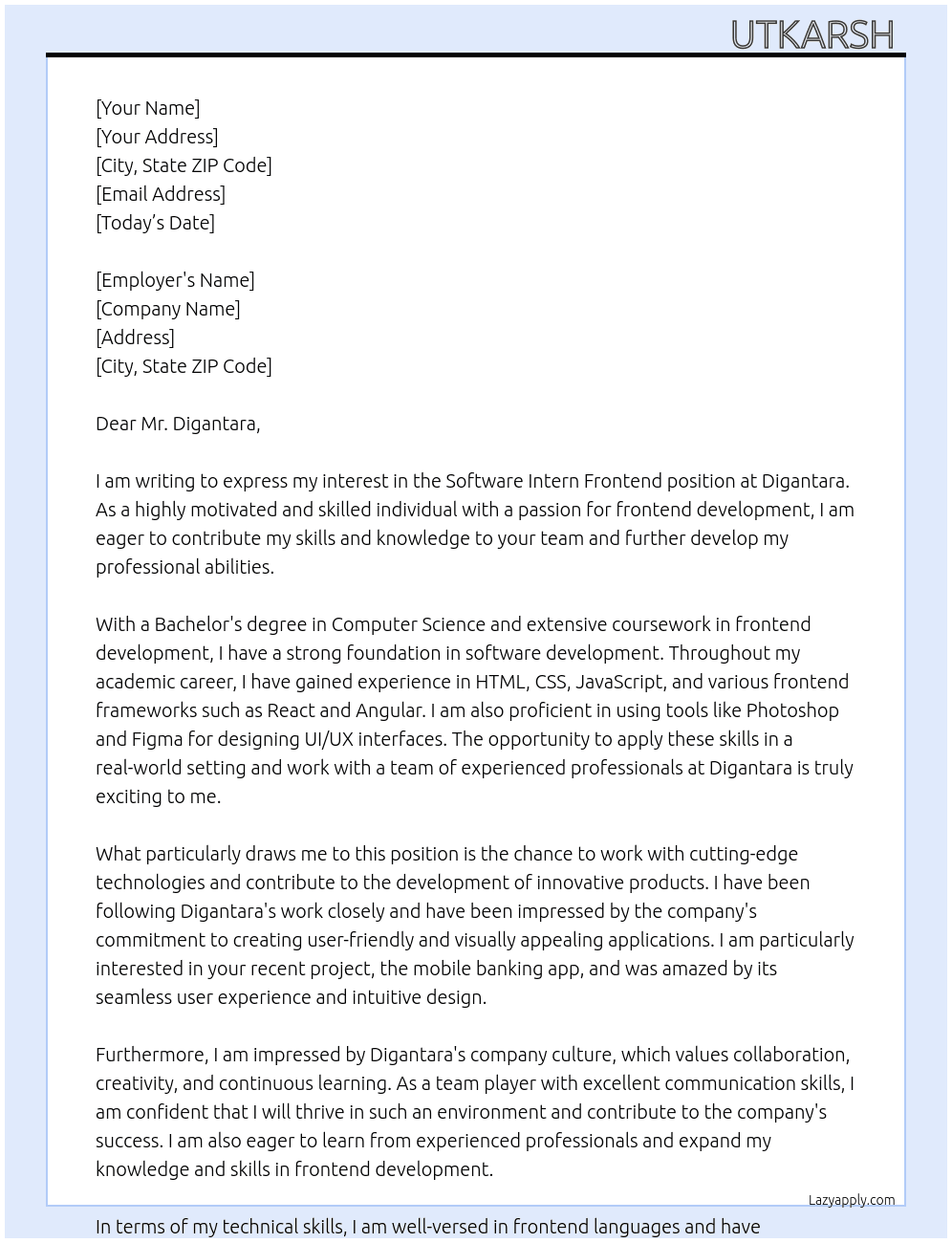 software intern frontend At digantara Cover Letter