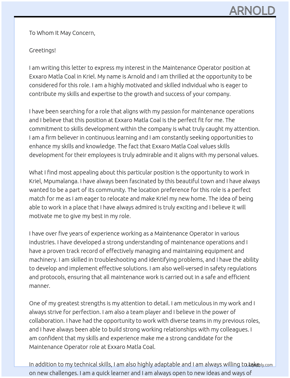 maintenance operator At Exxaro Matla Coal in Kriel Cover Letter