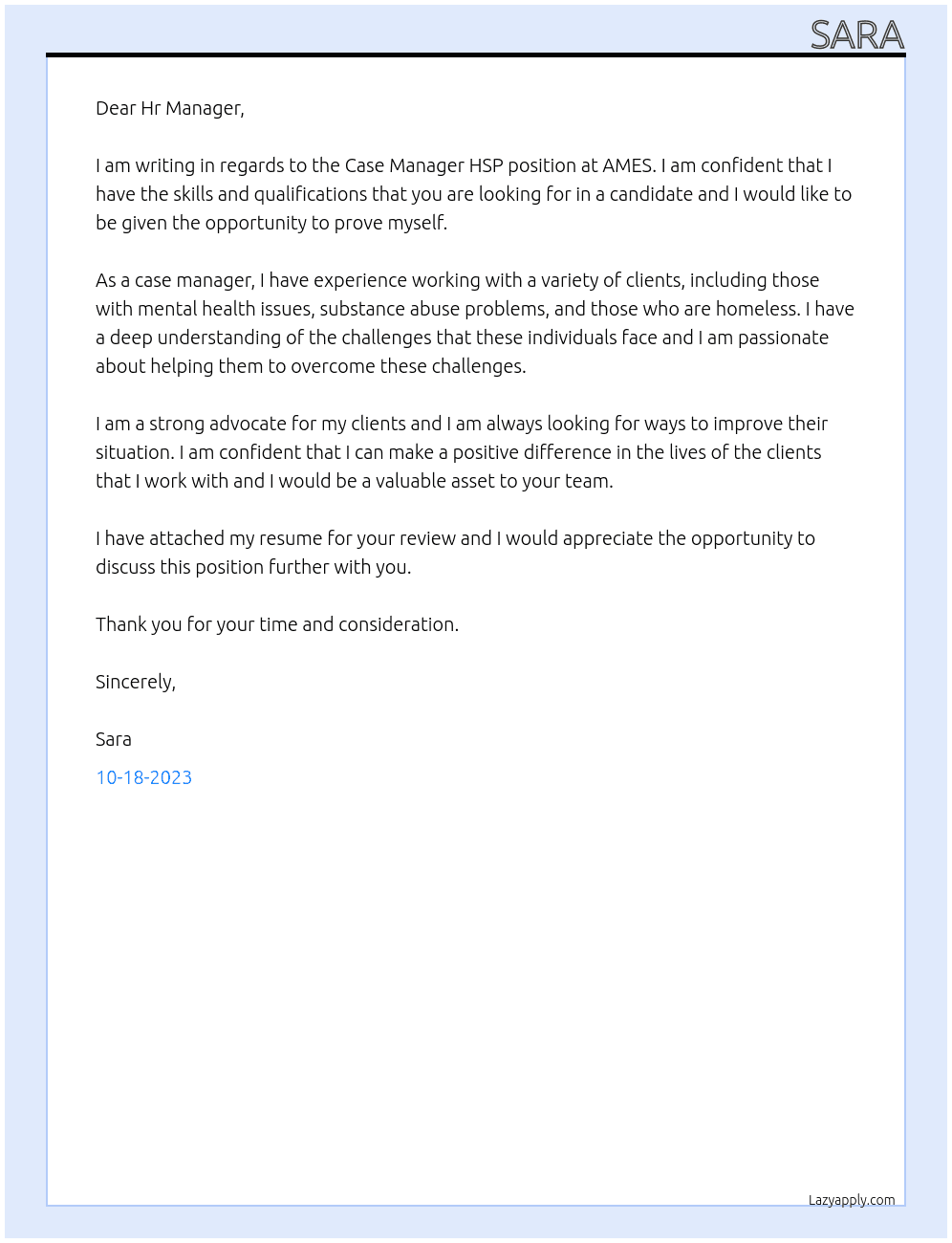 Case Manager HSP At AMES Cover Letter