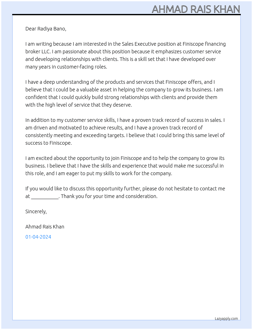 Sales Executive At Finiscope financing broker LLC Cover Letter