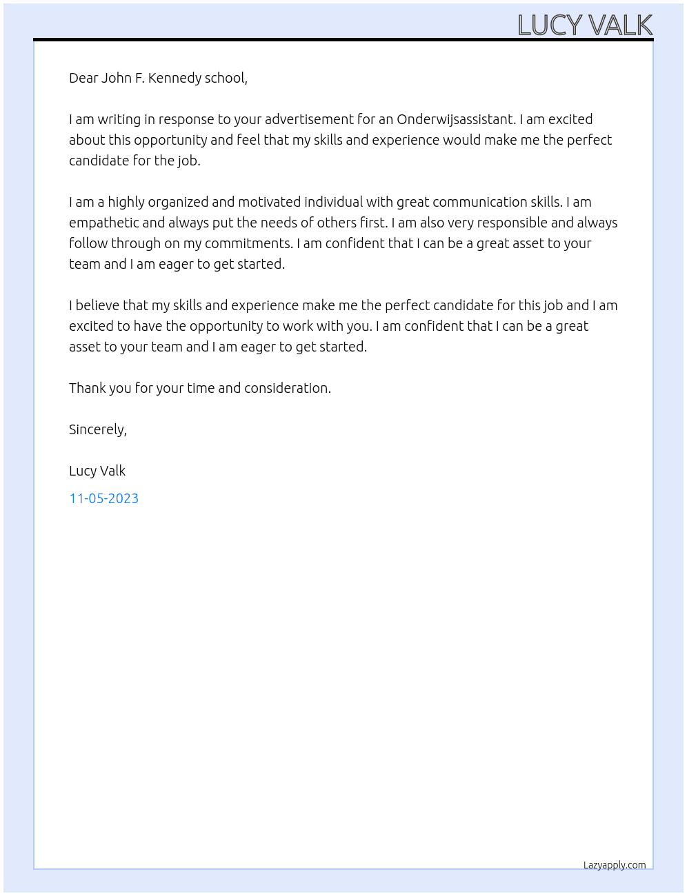 Onderwijsassistent At John F. Kennedy school Cover Letter