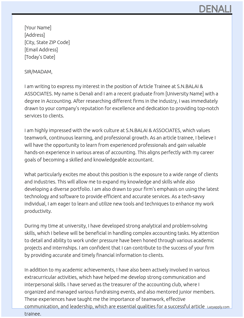 article trainee At S.N.BALAI & ASOOCIATES Cover Letter