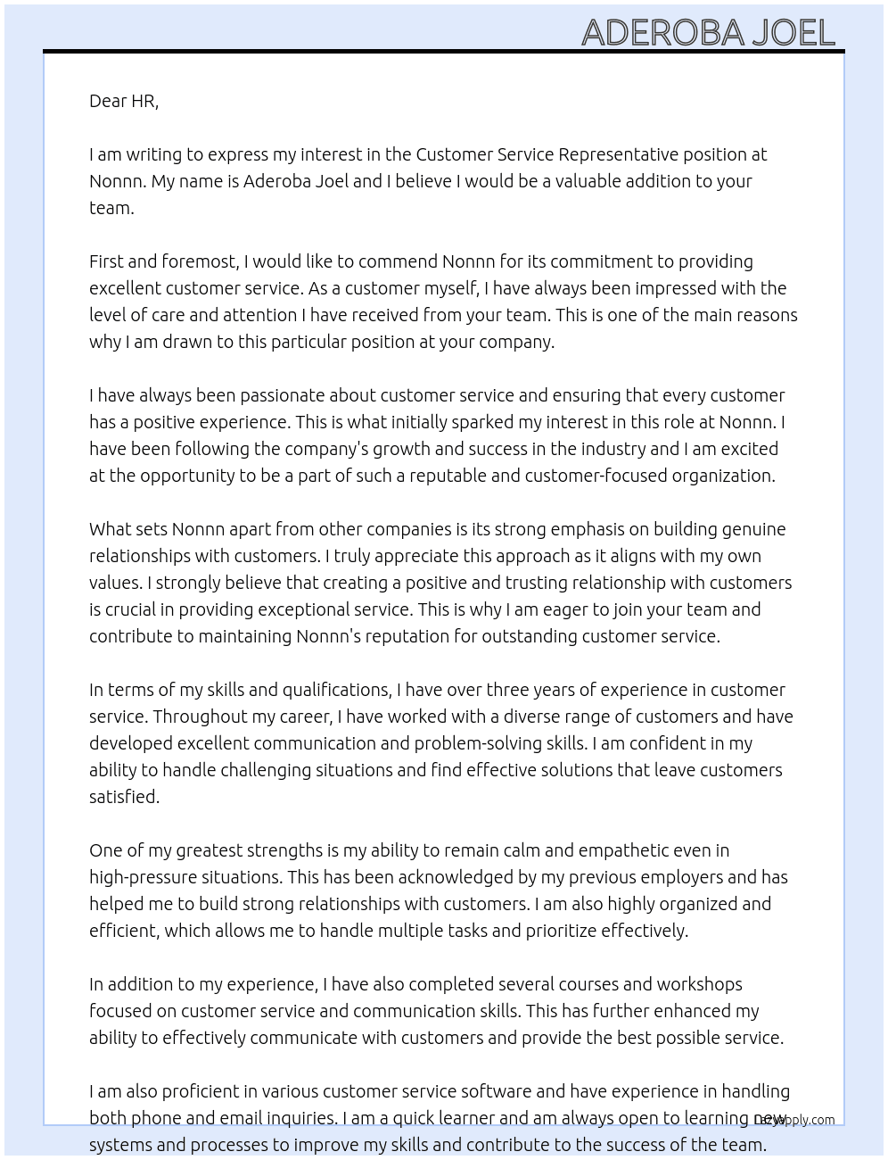 Customer Service Representative  At Nonnn Cover Letter