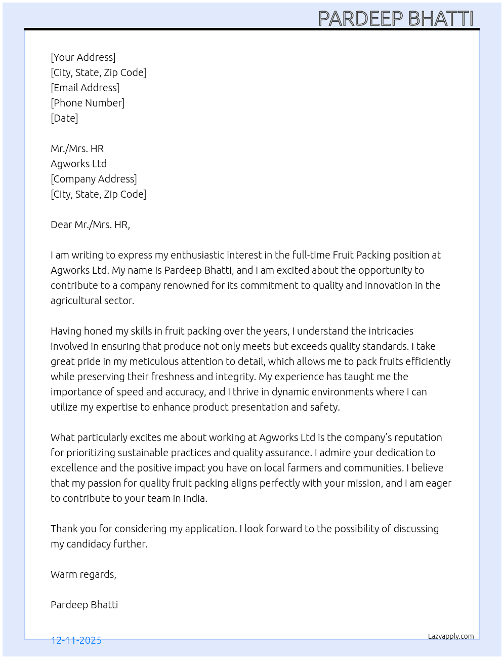 Fruit packing  At Agworks Ltd  Cover Letter